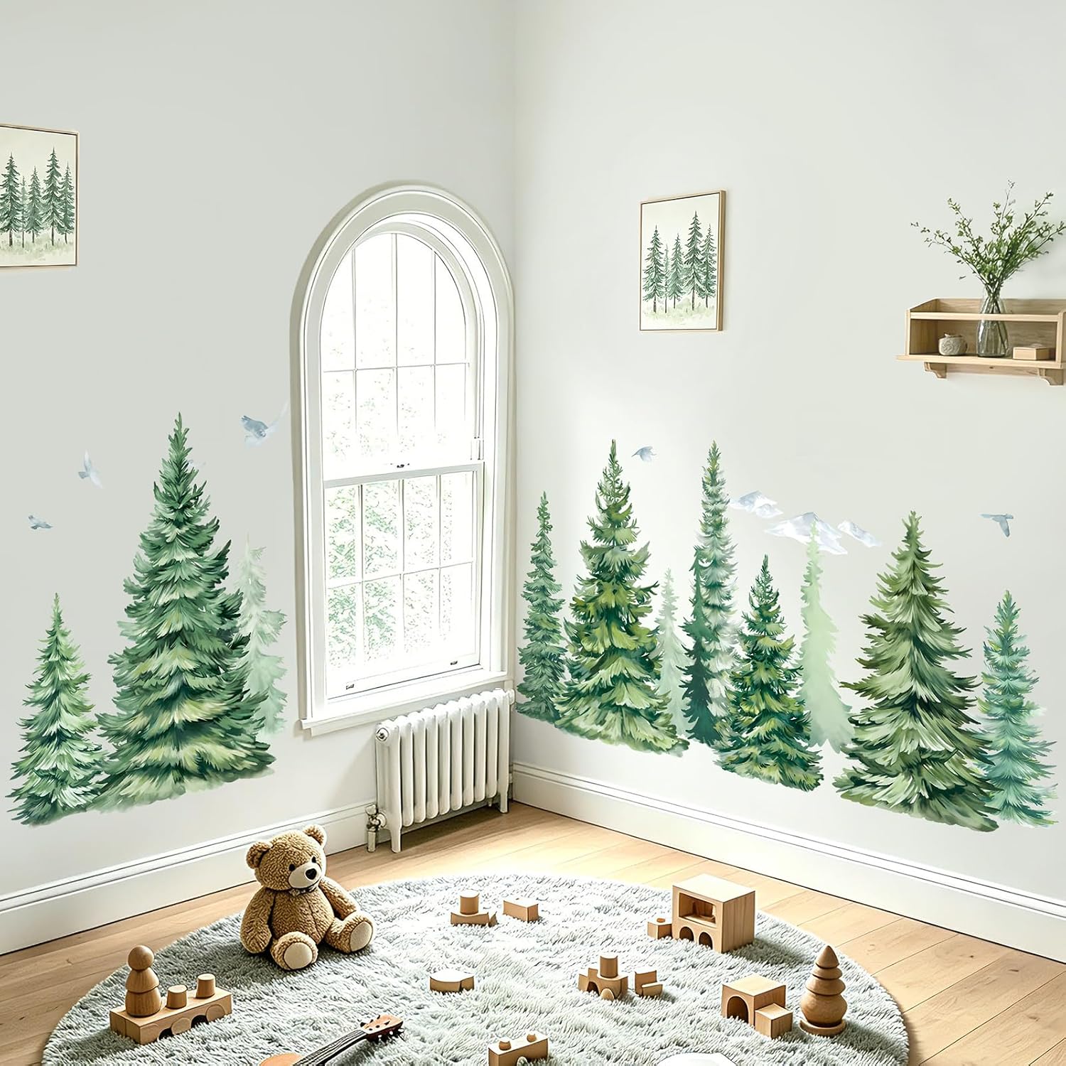 Large Pine Tree Wall Stickers Woodland Mountain Tree Birds Wall Decals Living Room Bedroom Office