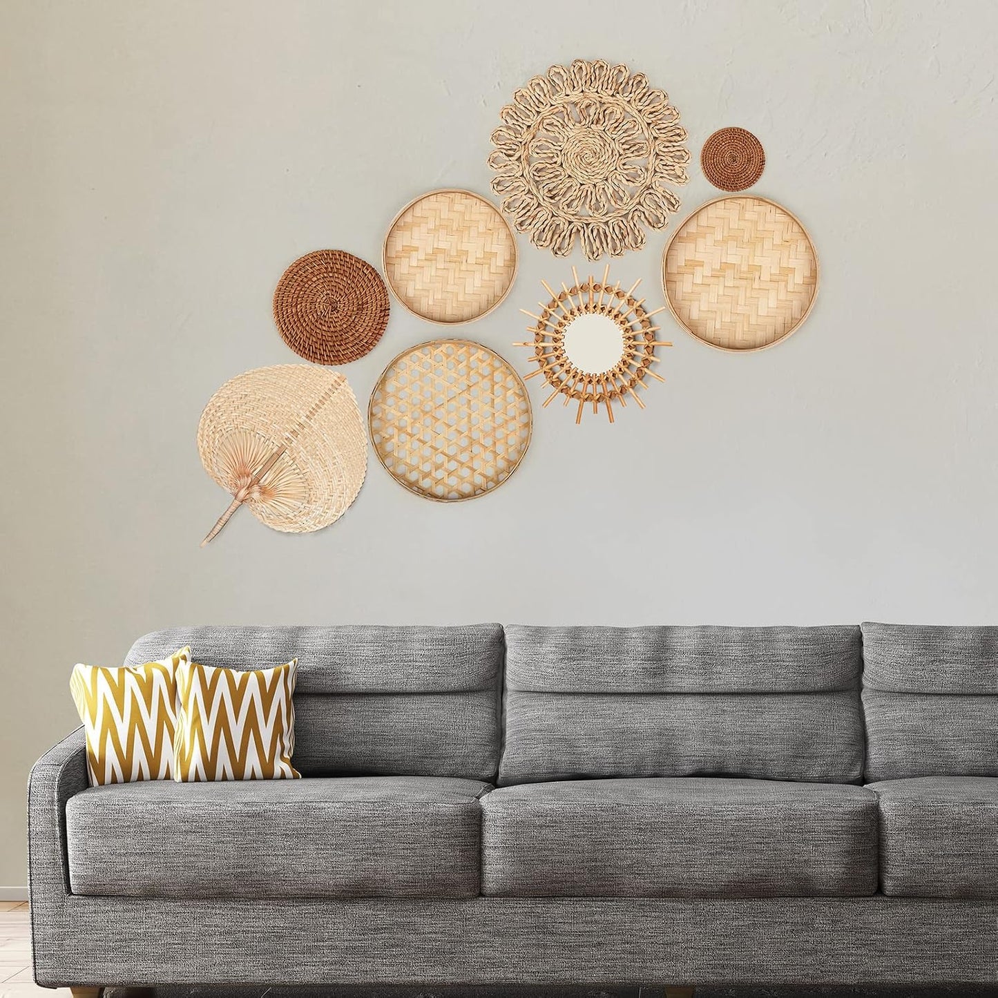 Rattan Mirror Farmhouse Woven Hanging Basket / Set of 8