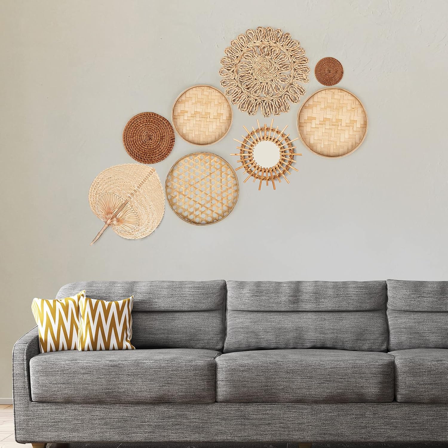Rattan Mirror Farmhouse Woven Hanging Basket / Set of 8