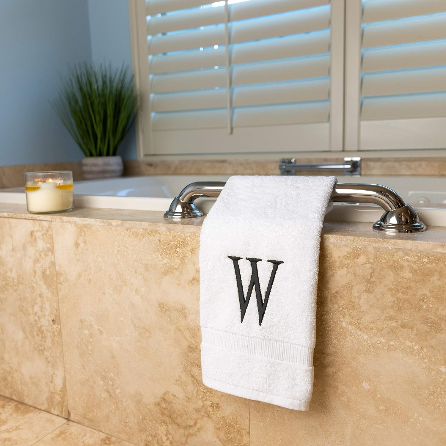 White with Dark Gray Monogrammed Hand Towels for Bathroom Set of 2 Letter W | Luxury Hotel Quality Initial Towels For