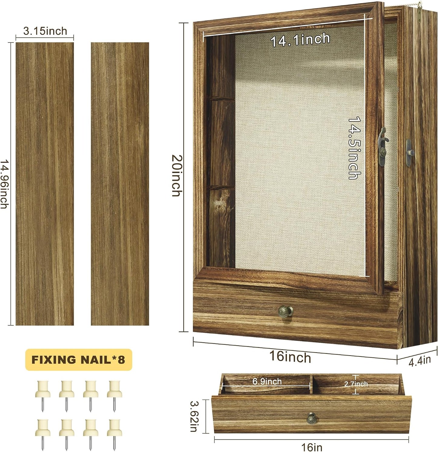 16x20 Brown Solid Wood Shadow Box Display Case, 3.1" Deep | Linen Back, Removable Shelves & Drawers, Display Flowers