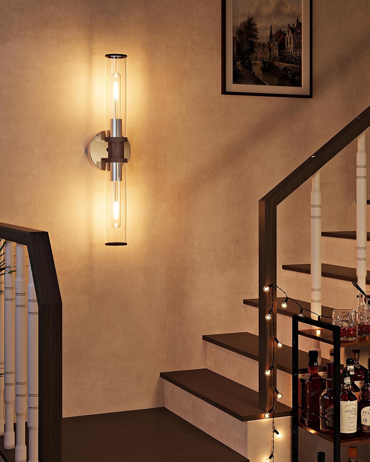 Rayogale Nickel & Walnut Wireless Battery Operated Wall Sconces with Remote | Glass Rechargeable Wall Lights Set of 2