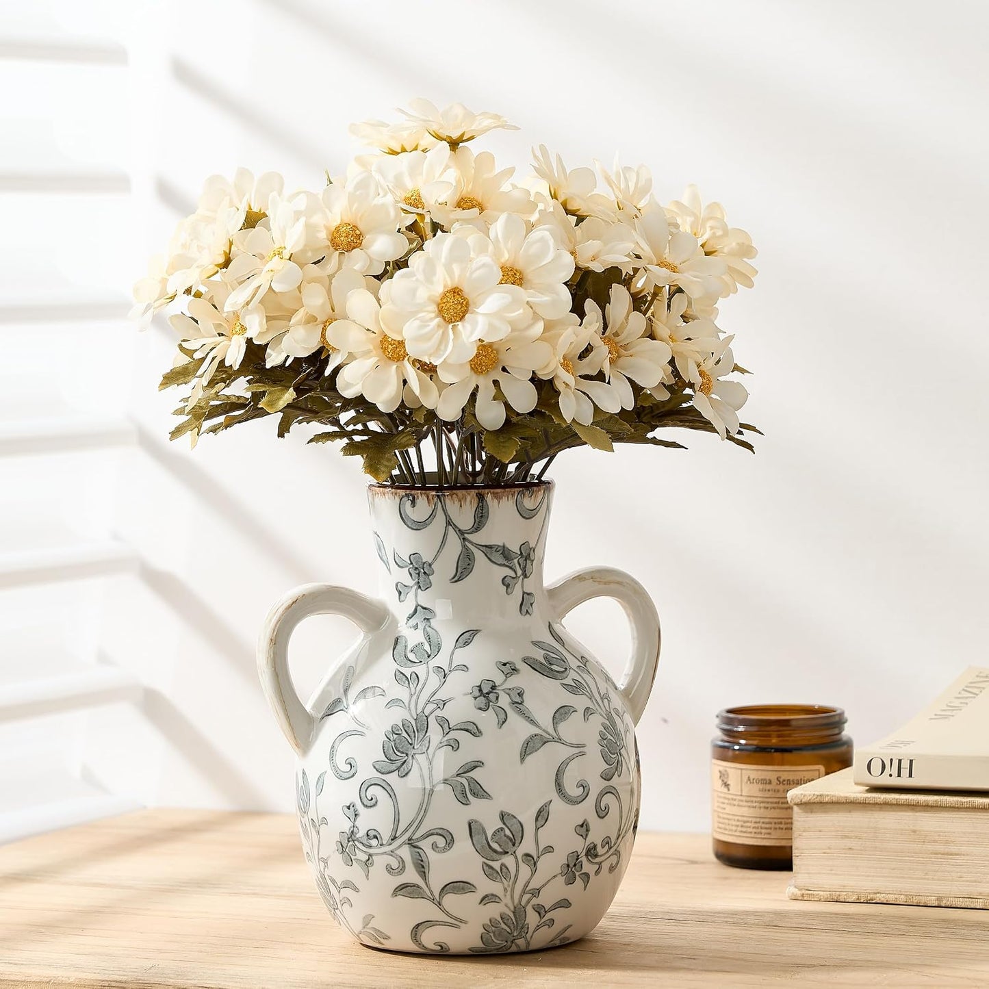 Ceramic Vintage Pastoral Vase / 18785-gray Floral / 7 Inch