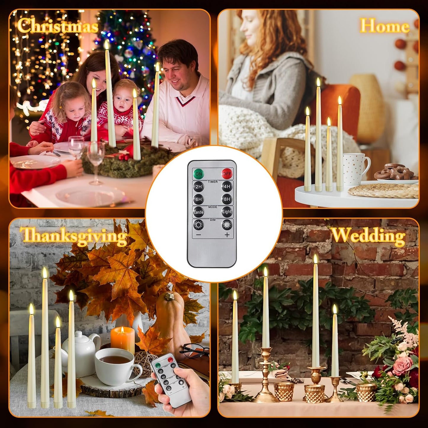 Rossesay 28 Pcs Flameless Taper Candles with Timer Remote 4 Sizes of 8.5", 9.6", 10.83", 12.8" LED Flickering Taper
