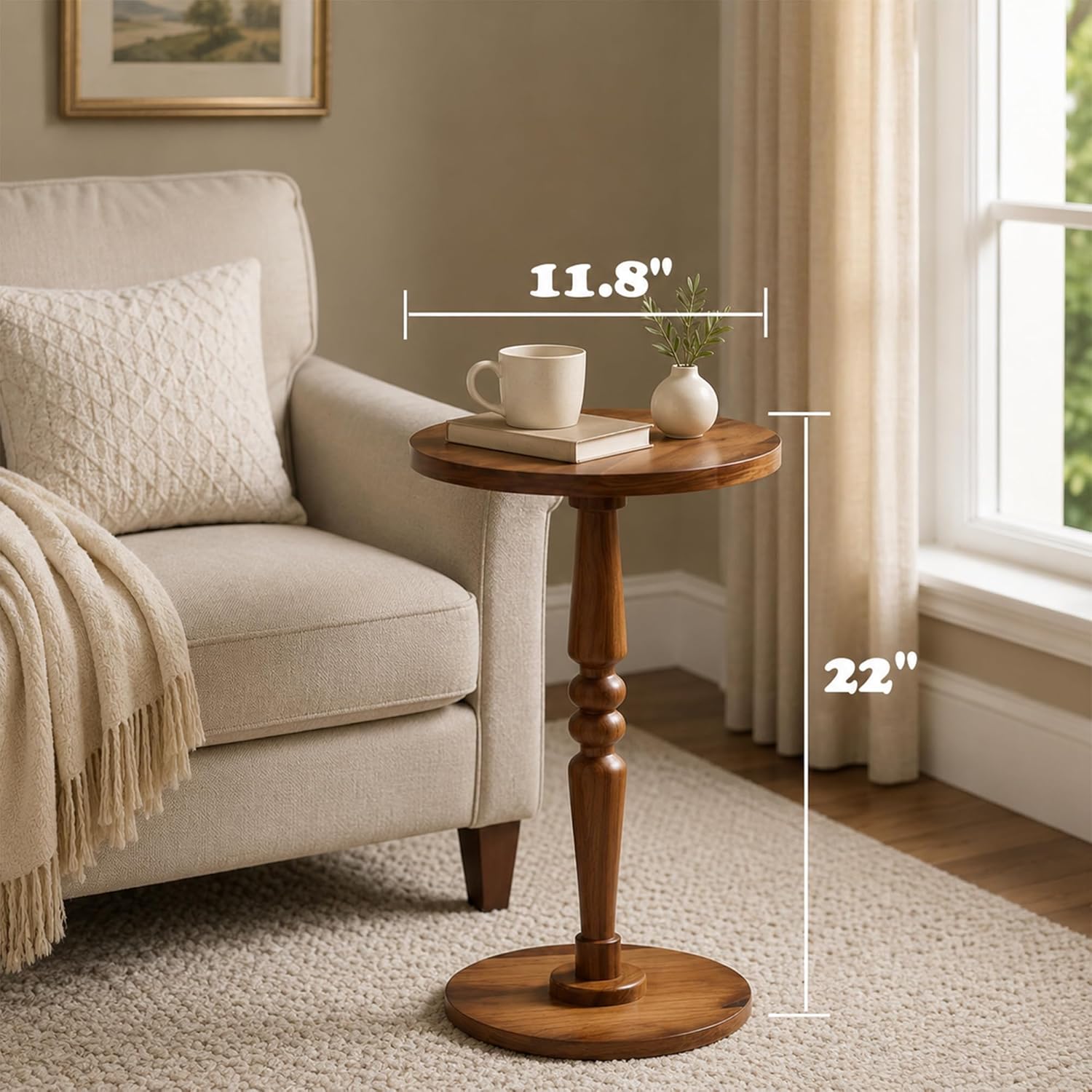 Small Wooden Round Side Table / Warm Brown