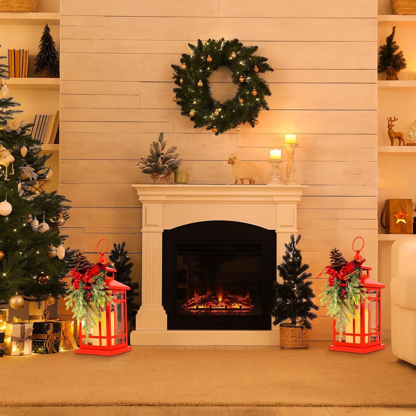 2 Pcs Christmas Metal Lantern with LED Flameless Hang Decor,Red,Berries