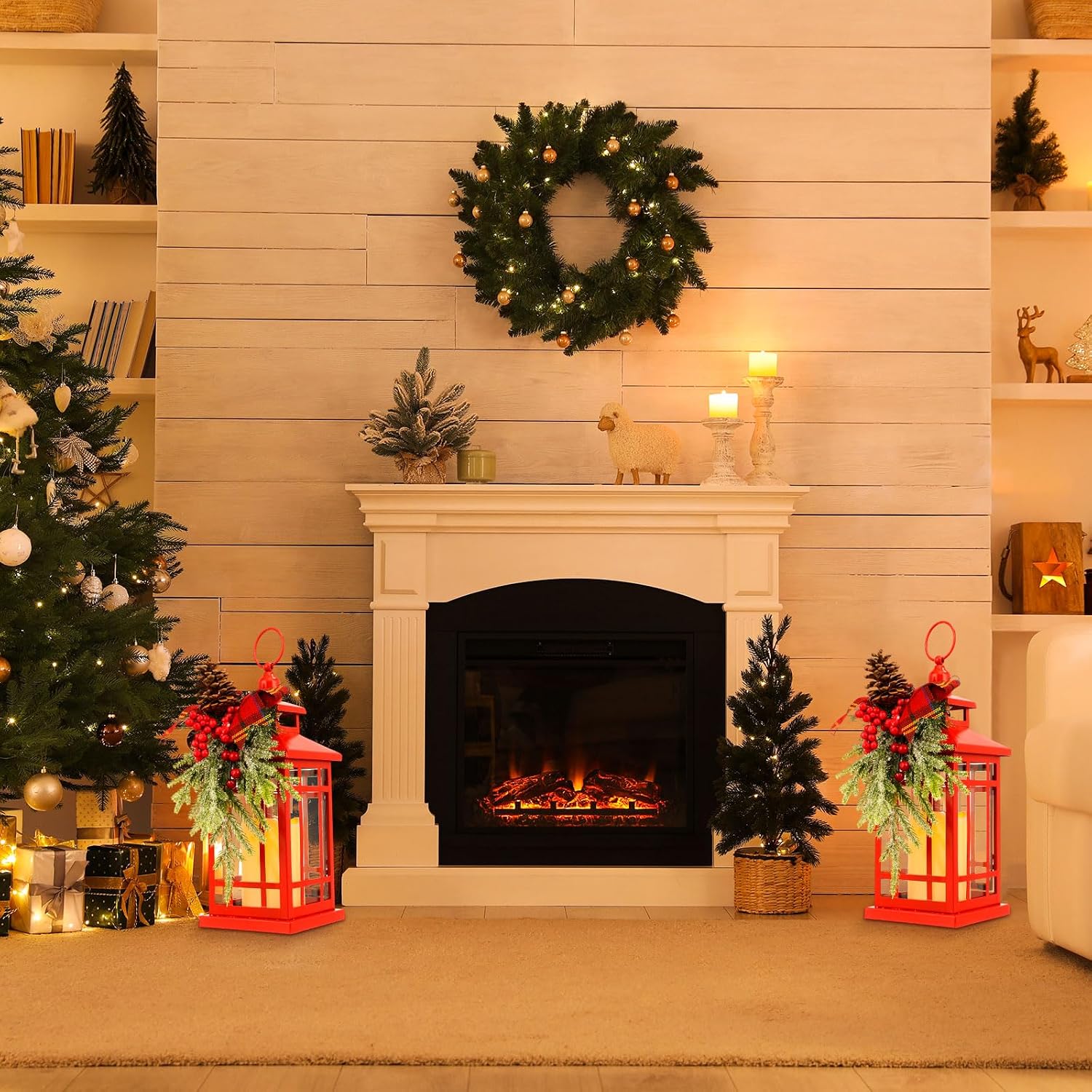 2 Pcs Christmas Metal Lantern with LED Flameless Hang Decor,Red,Berries