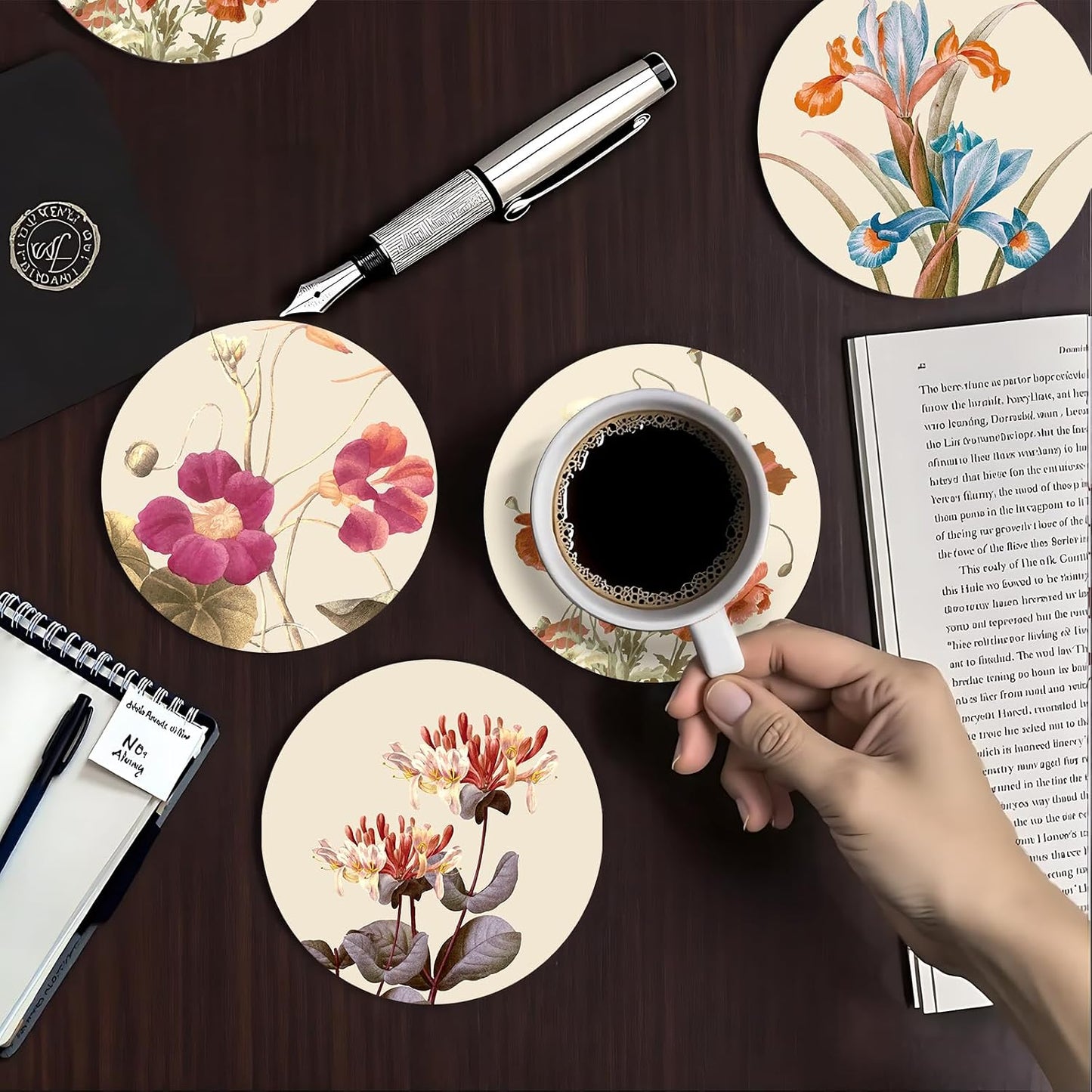 Vintage Floral Ceramic Coaster / F / Set of 4