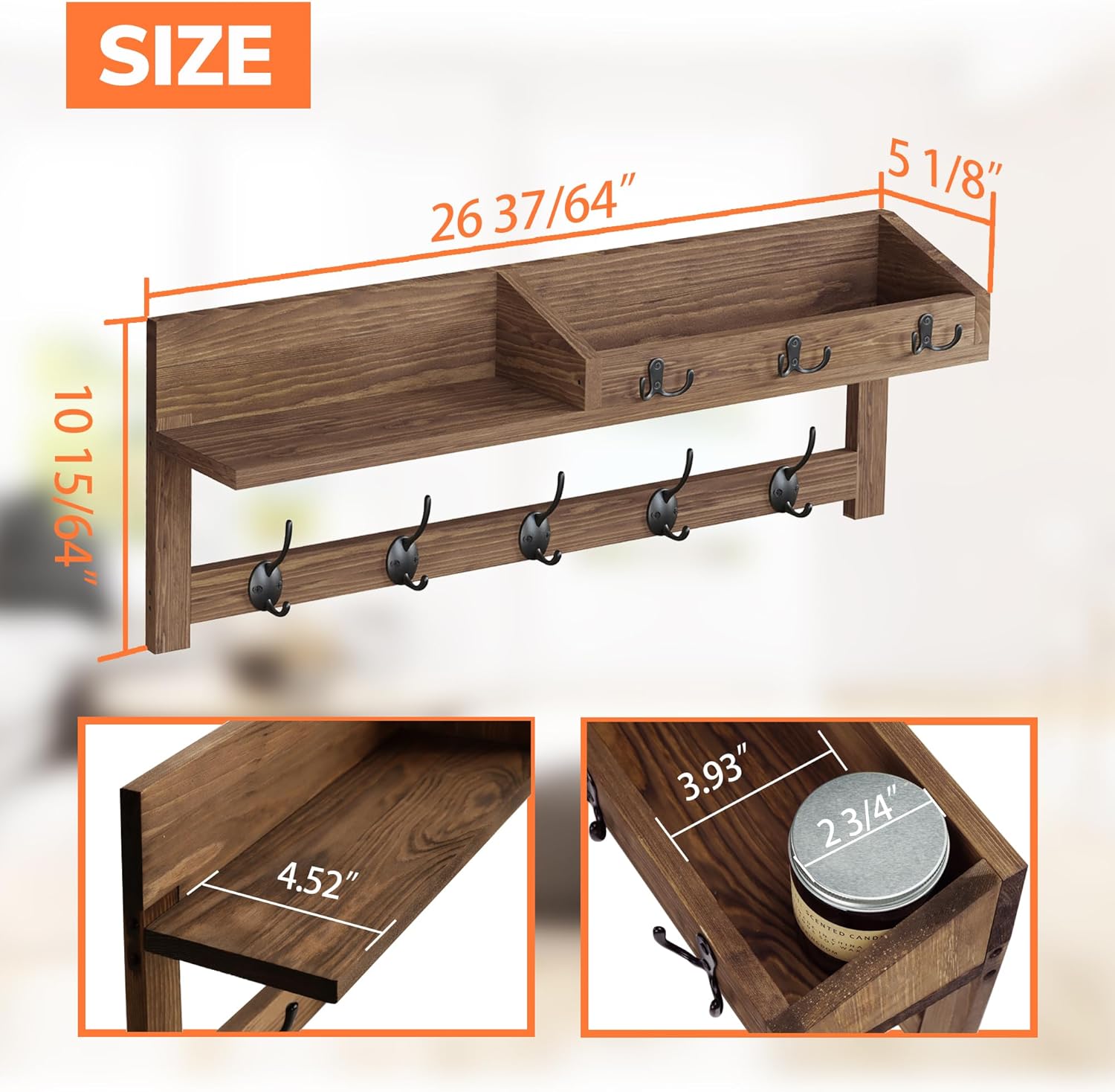Entryway Wood Coat Hooks / 26.57" L / Brown / 26.57 Inch