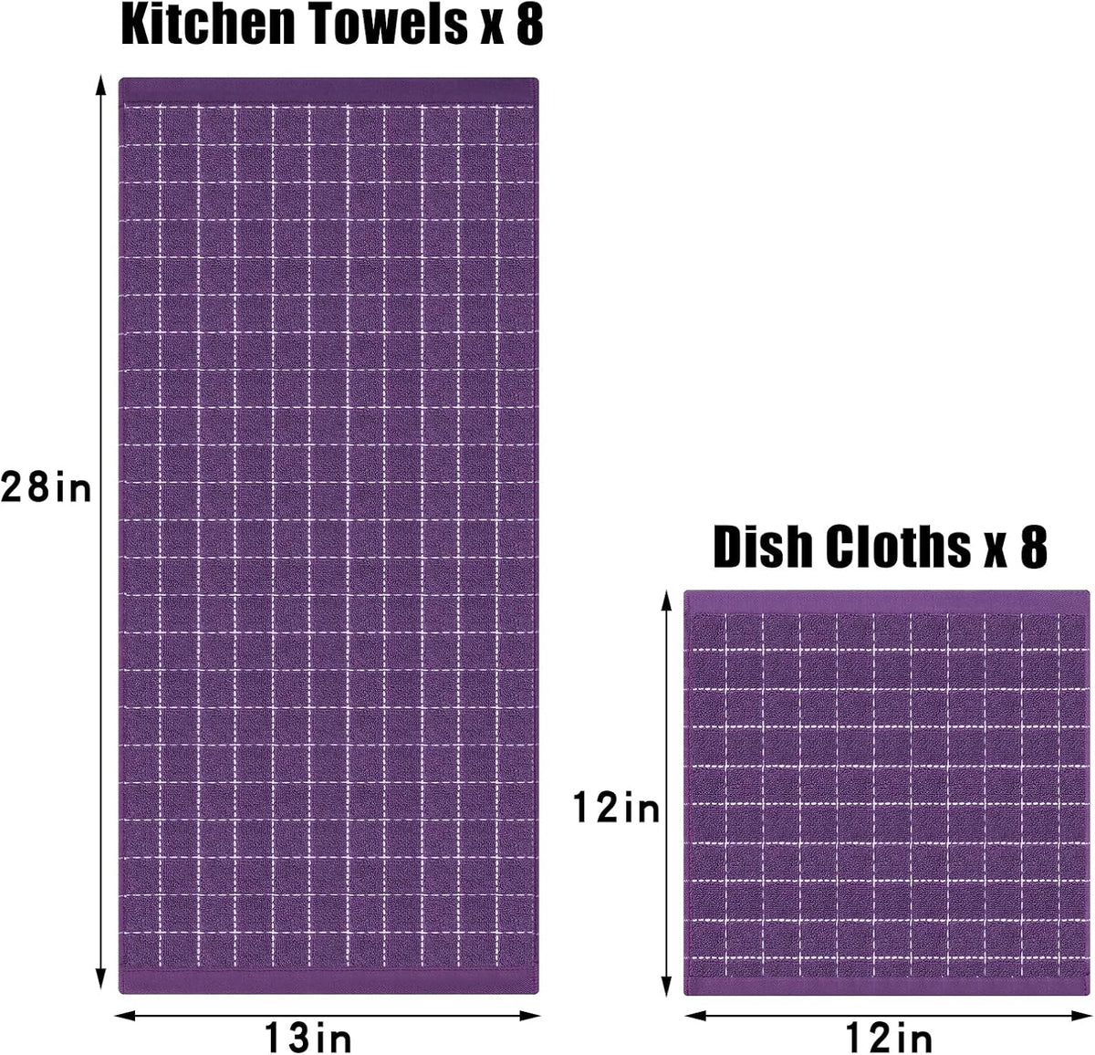 Homaxy Kitchen Towels and Dishcloths Set, Set of 16, Purple | Bulk Cotton Terry Kitchen Towels, Checkered Designed