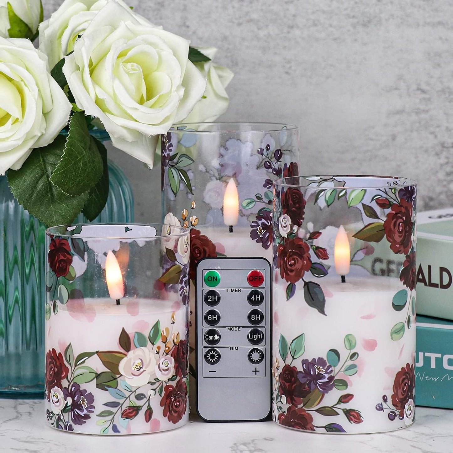 Rose Glass Flameless Candles Battery Operated with Remote Timer | LED Flickering Pillar Candles, Real Wax 400 Hours