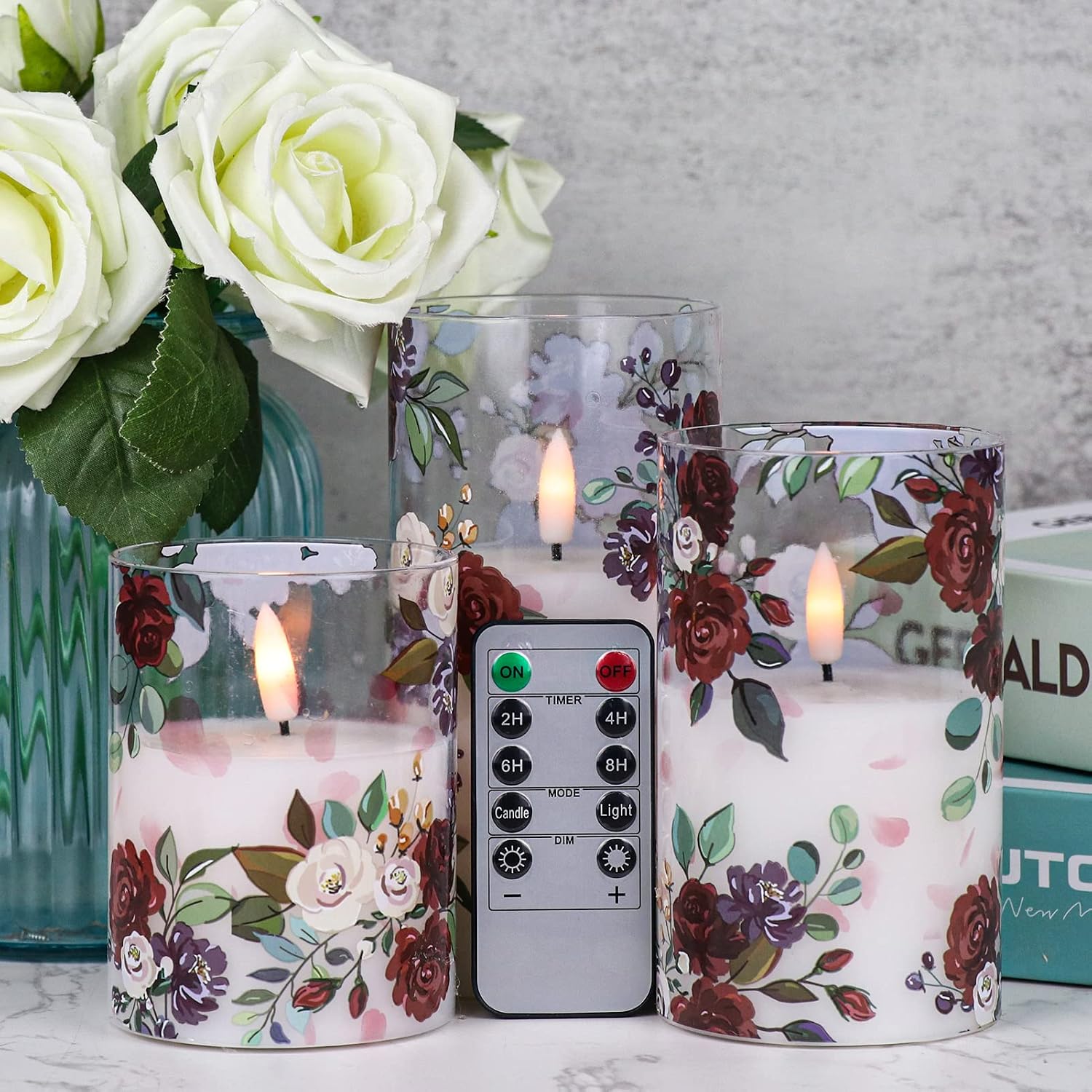 Rose Glass Flameless Candles Battery Operated with Remote Timer | LED Flickering Pillar Candles, Real Wax 400 Hours