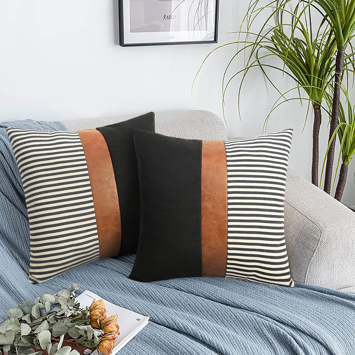 Modern Tan Faux Leather Accent Pillow Covers / Black Linen and Black Stripe / 18 x 18 / Set of 2
