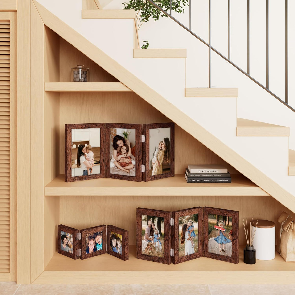 decorUhome Distressed Brown Triple 7x5 Picture Frame Horizontal, MDDBN08 | "Z" Shape Folding Design Engineered Wood
