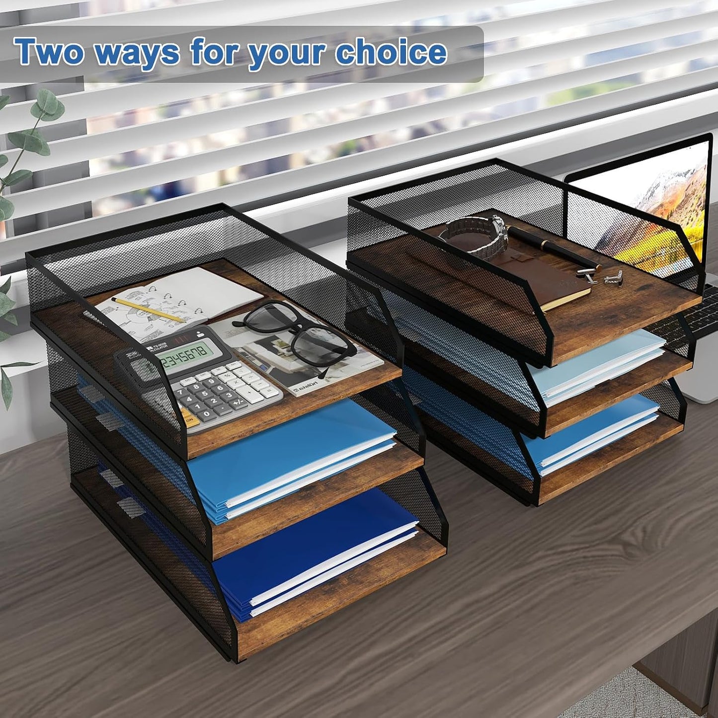 Natwind 3-Tier Stackable Metal Mesh Paper Organizer with Sliding Tray,Retro | Wooden Desk Organizer, Letter Tray For