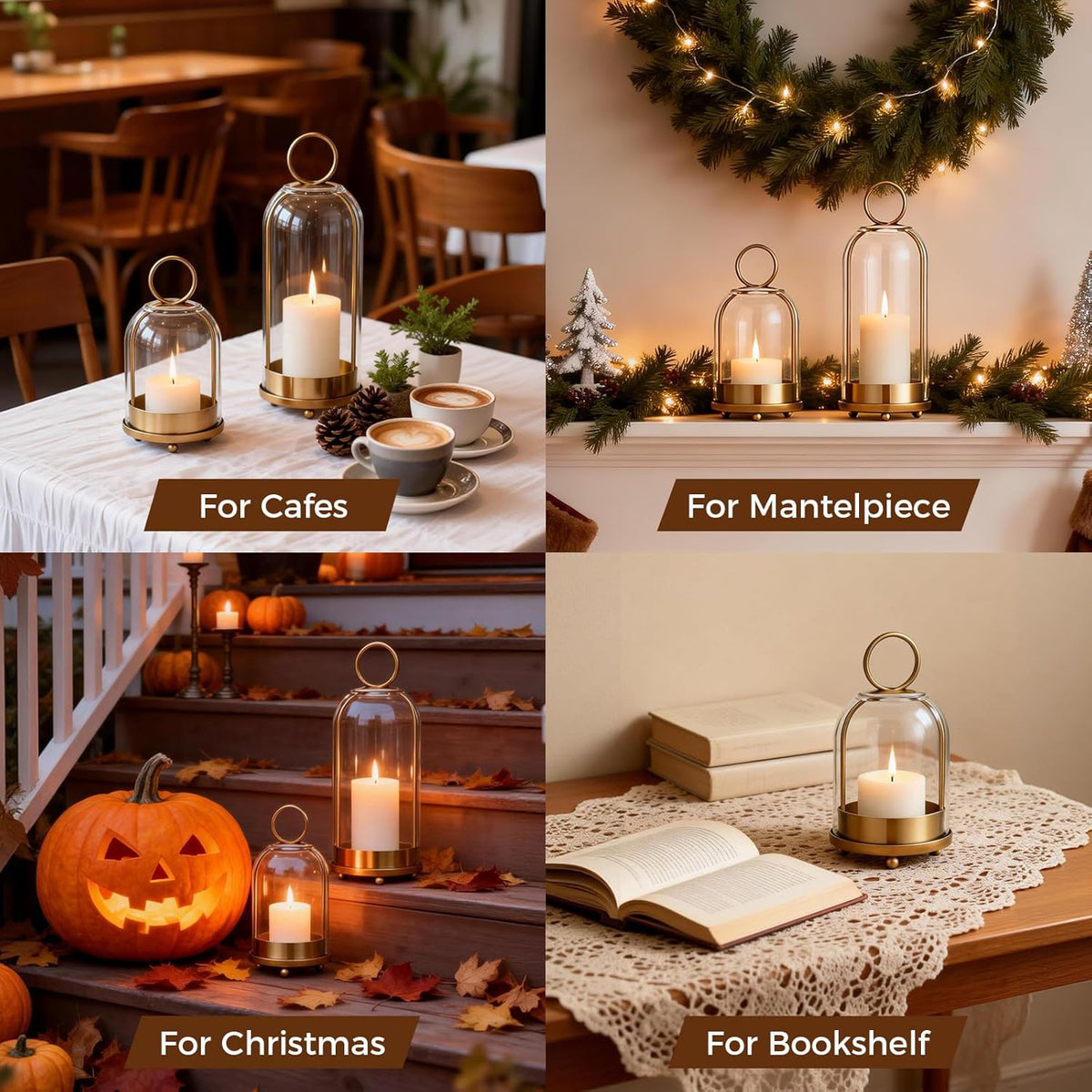 5"&4" Hurricane Glass Candle Holders, Hanging Brass Metal Candle Holder | Glass Candlestick Holders for Pillar Candles