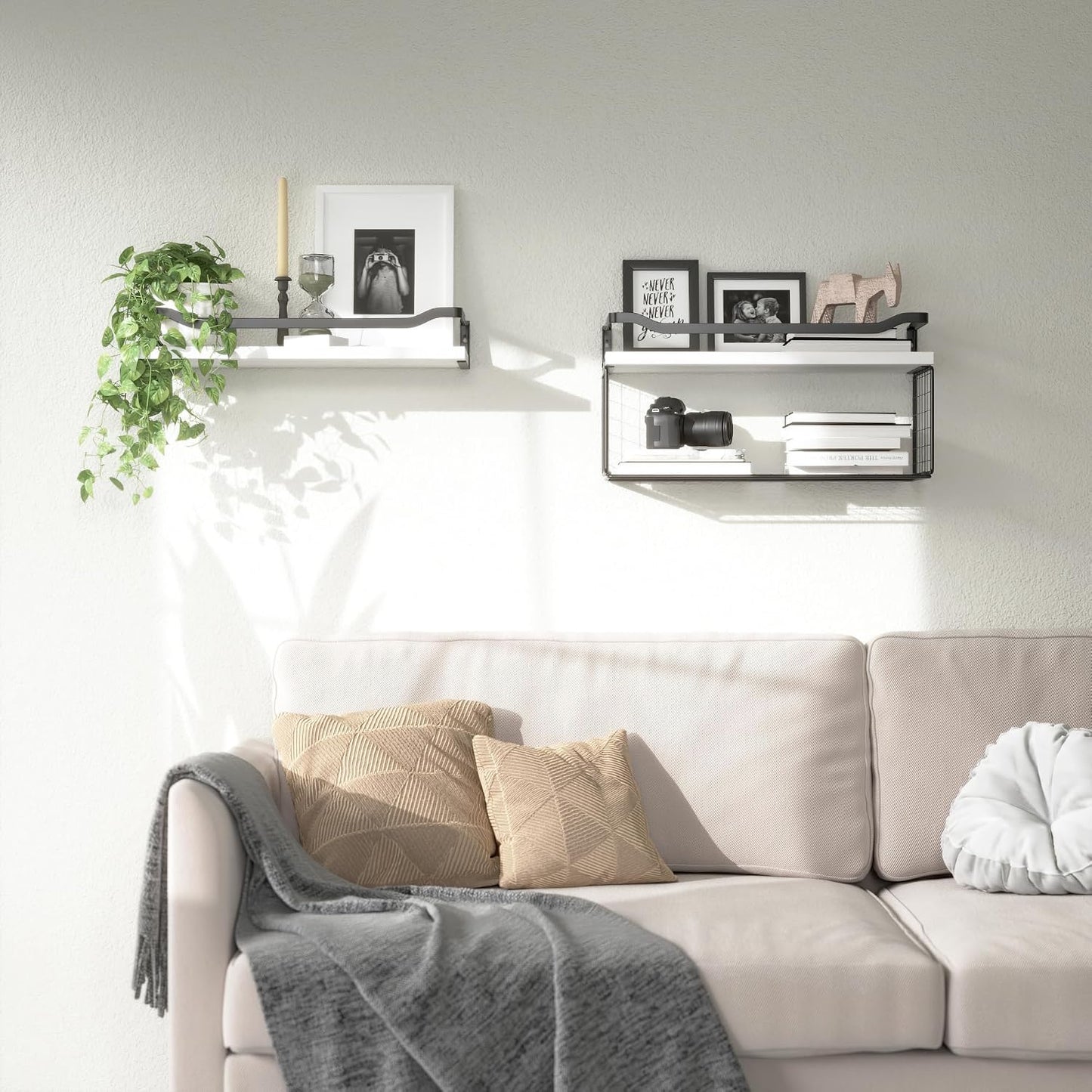 Bathroom Shelves Over Toilet with Protective Metal Guardrail | Floating Shelves with Wire Storage Basket, Wood Wall