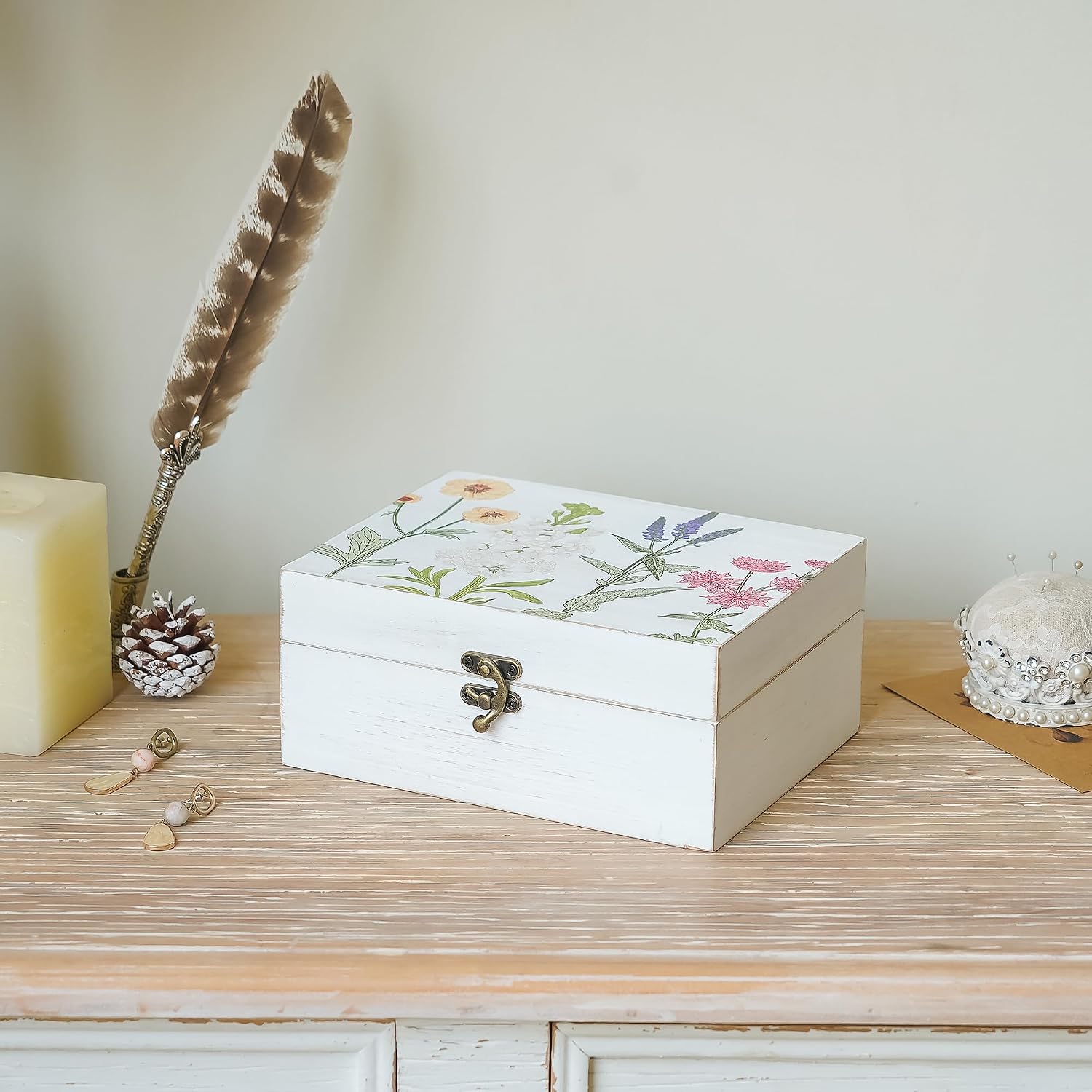 Hinged Lid Wooden Handmade Keepsake Storage Box Floral Printed Jewelry Box Rustic Trinket Box