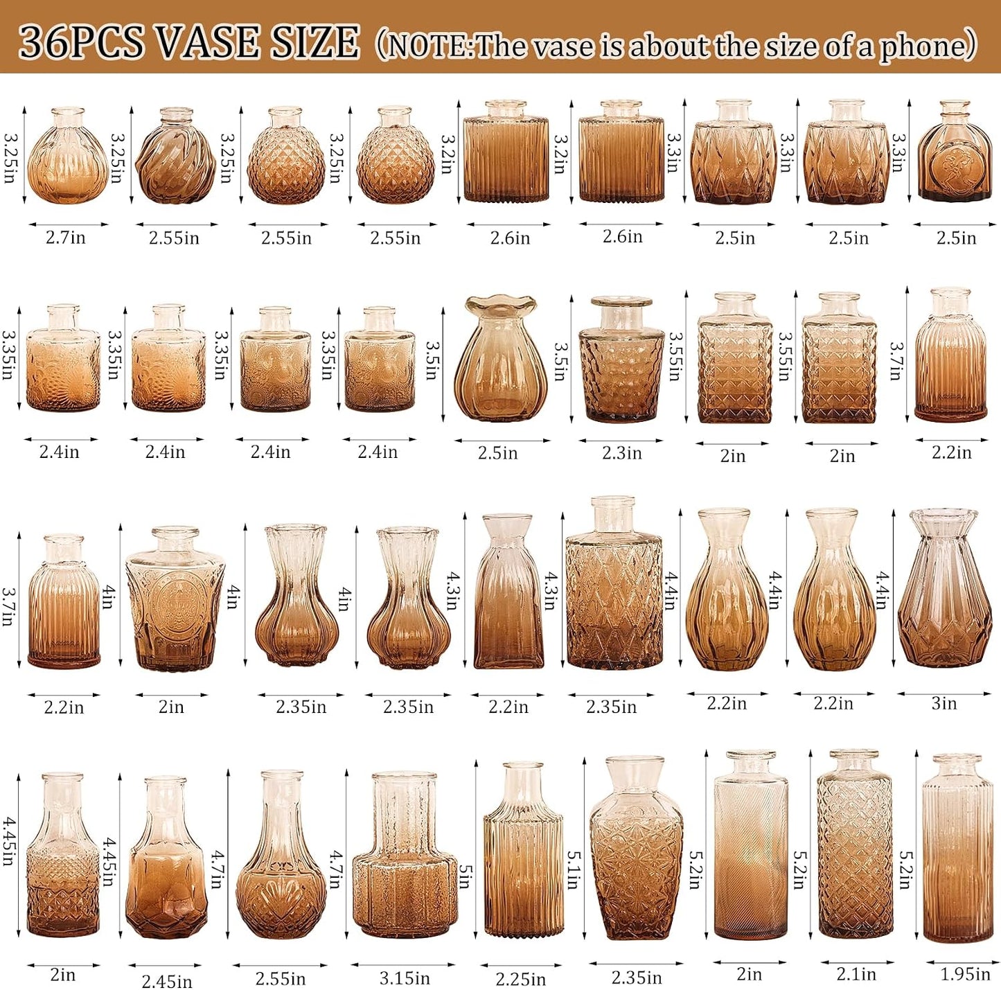 Bud Vases Set Small Vintage Glass Bottles Bud Vases in Bulk Multiple Shape Glass / Amber / Set of 36