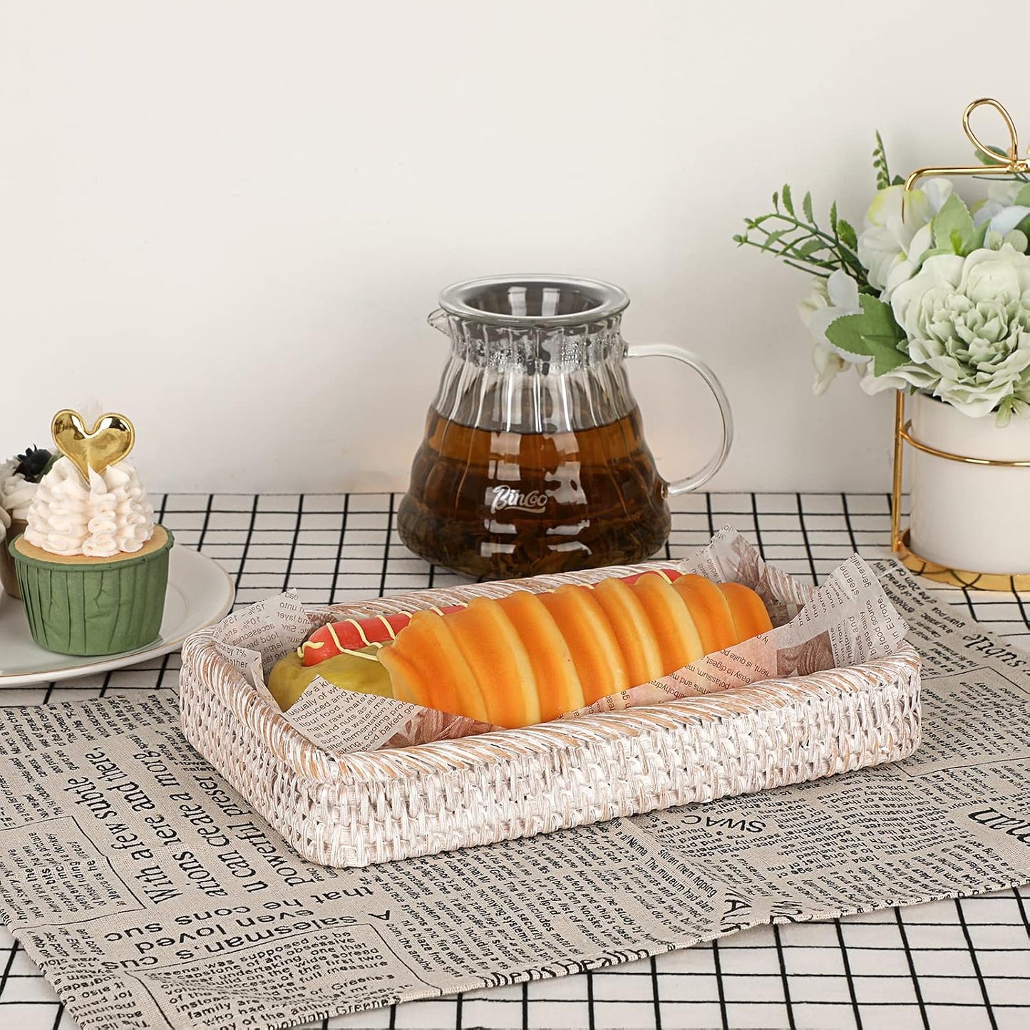 Rattan Bathroom Vanity Tray / White / 10 x 6.1 x 1.8