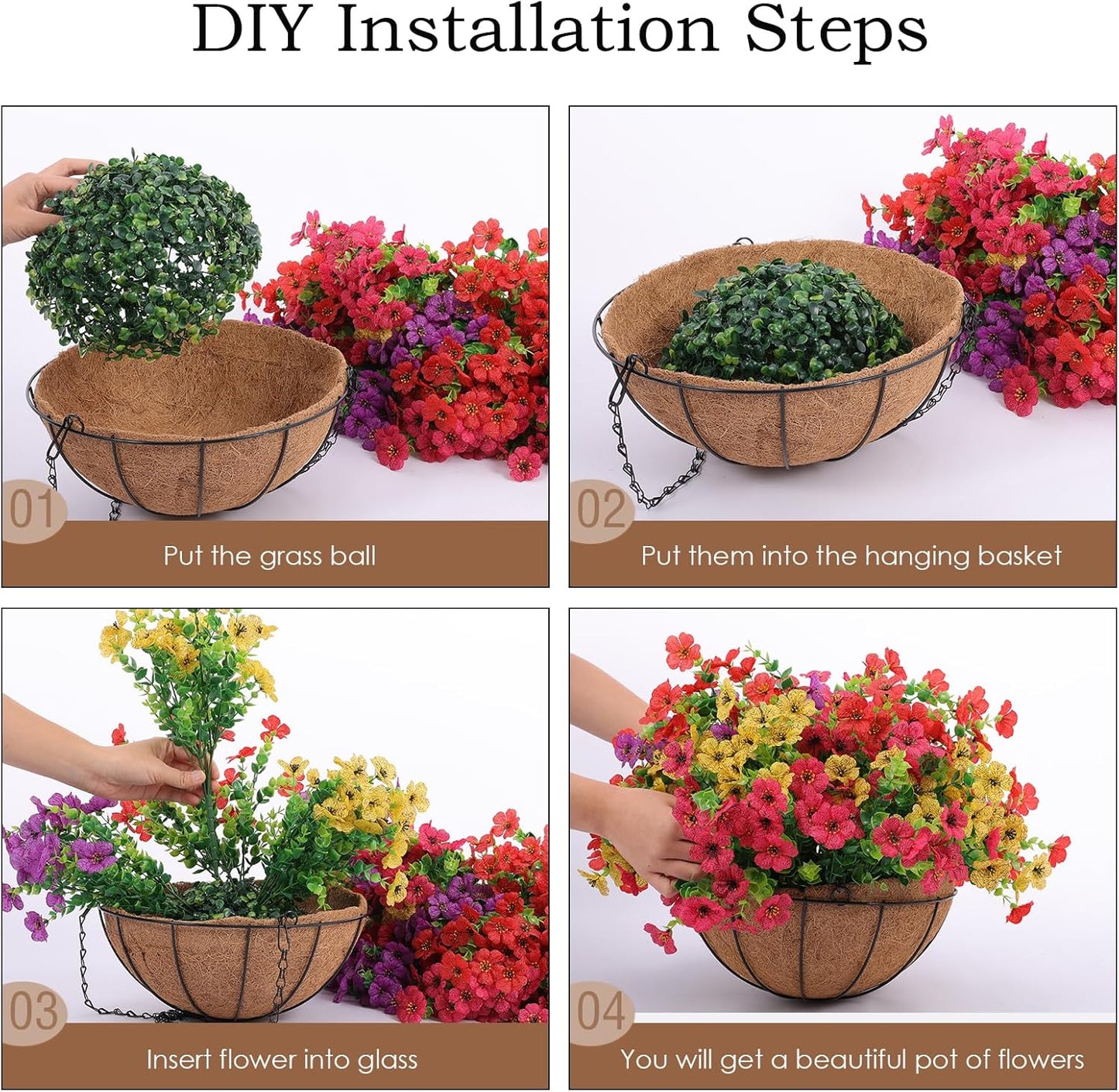 Artificial Outdoor Flowers / Red, Purple, Yellow, Rose Red / Set of 24