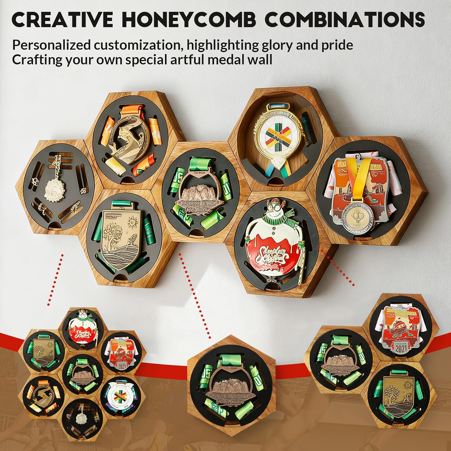 Medal Hanger Display Honeycomb Wooden Hexagon for Wall, with Strong Magnets & Black Round Iron Medal Holder for Sports