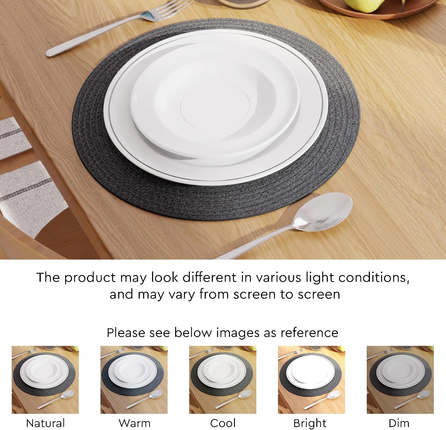 Encasa XO Placemats, Round Cotton Dining Table Mats 13" | Dark Grey, Handcrafted Ribbed Texture | Heat Resistant