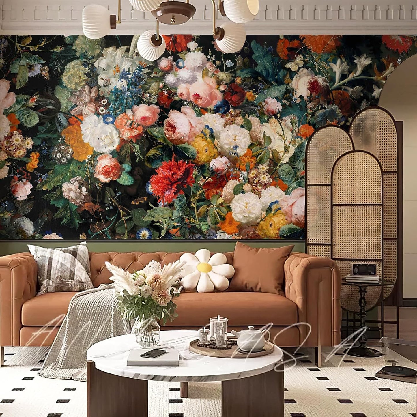 Dark Floral Vintage Oil Painting Wallpaper / 148 x 98 / Multicolour