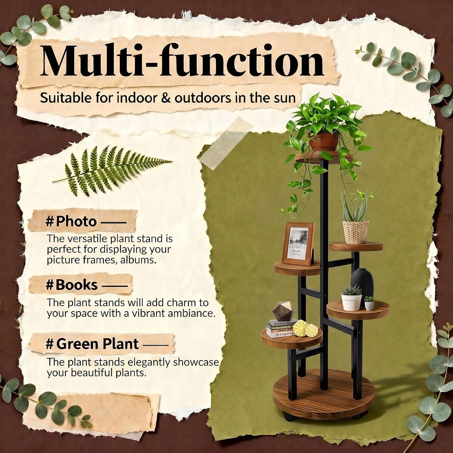 5 Tier Plant Stand With 4 Wheels | Metal Wood Tall Plant Stands For Indoor Plants Multiple, Corner Tiered Flower Plants