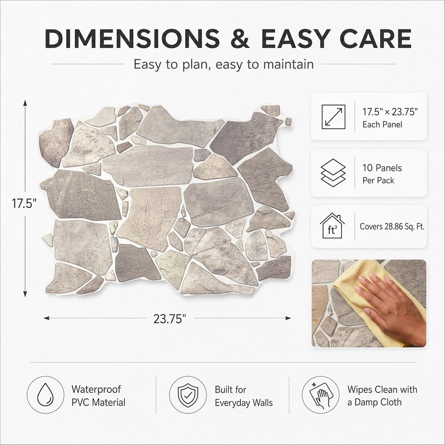 3D Faux Stone Wall Panels, Wild Boulder, Pack of 10, Covers 28.86 Sq Ft | Grey, Beige & Brown, Lightweight PVC, 17.5" x