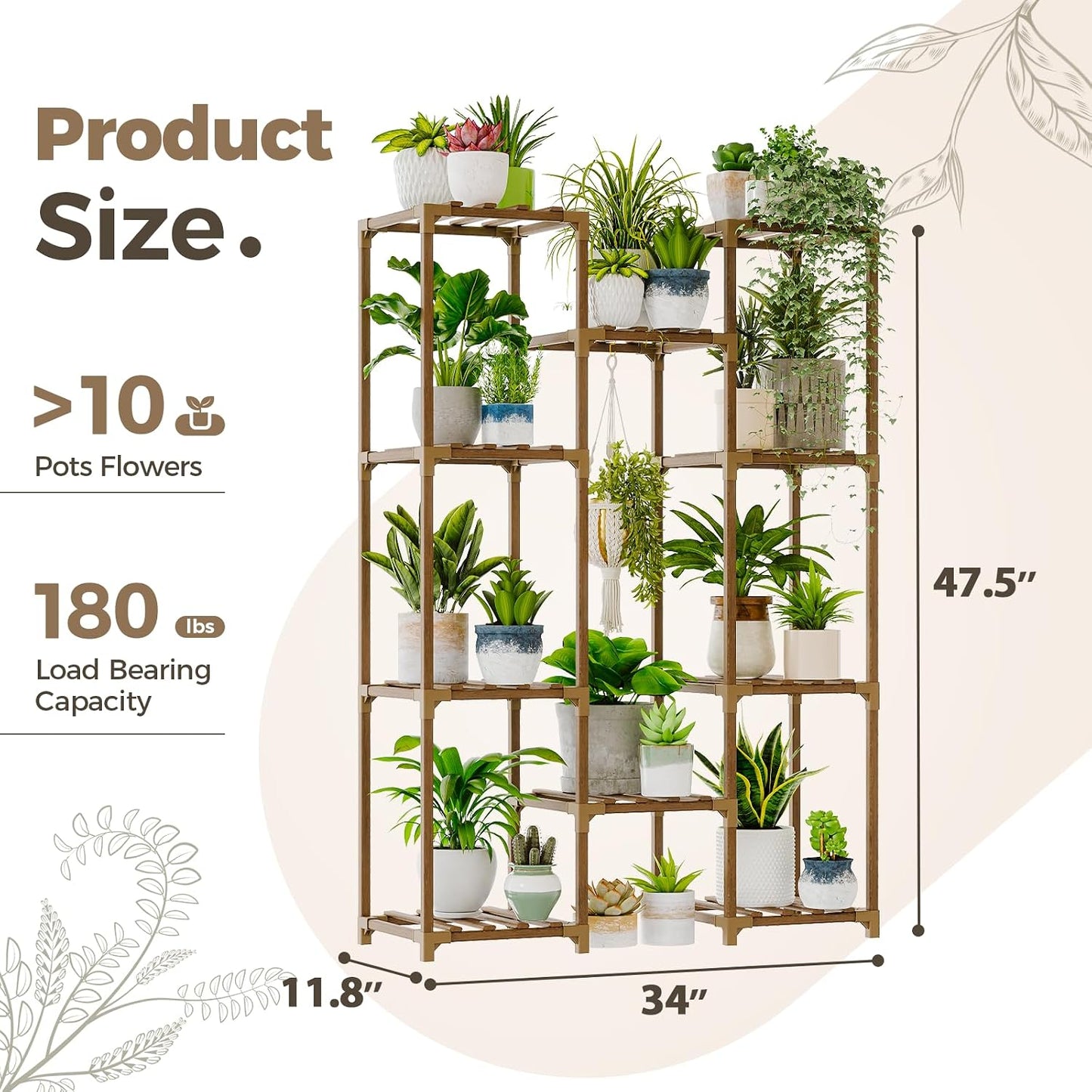 Bamworld Plant Stand Indoor Outdoor Tall Plant Shelf for Multiple Plants Pots Wood Flower Stand Large Flower Holder for