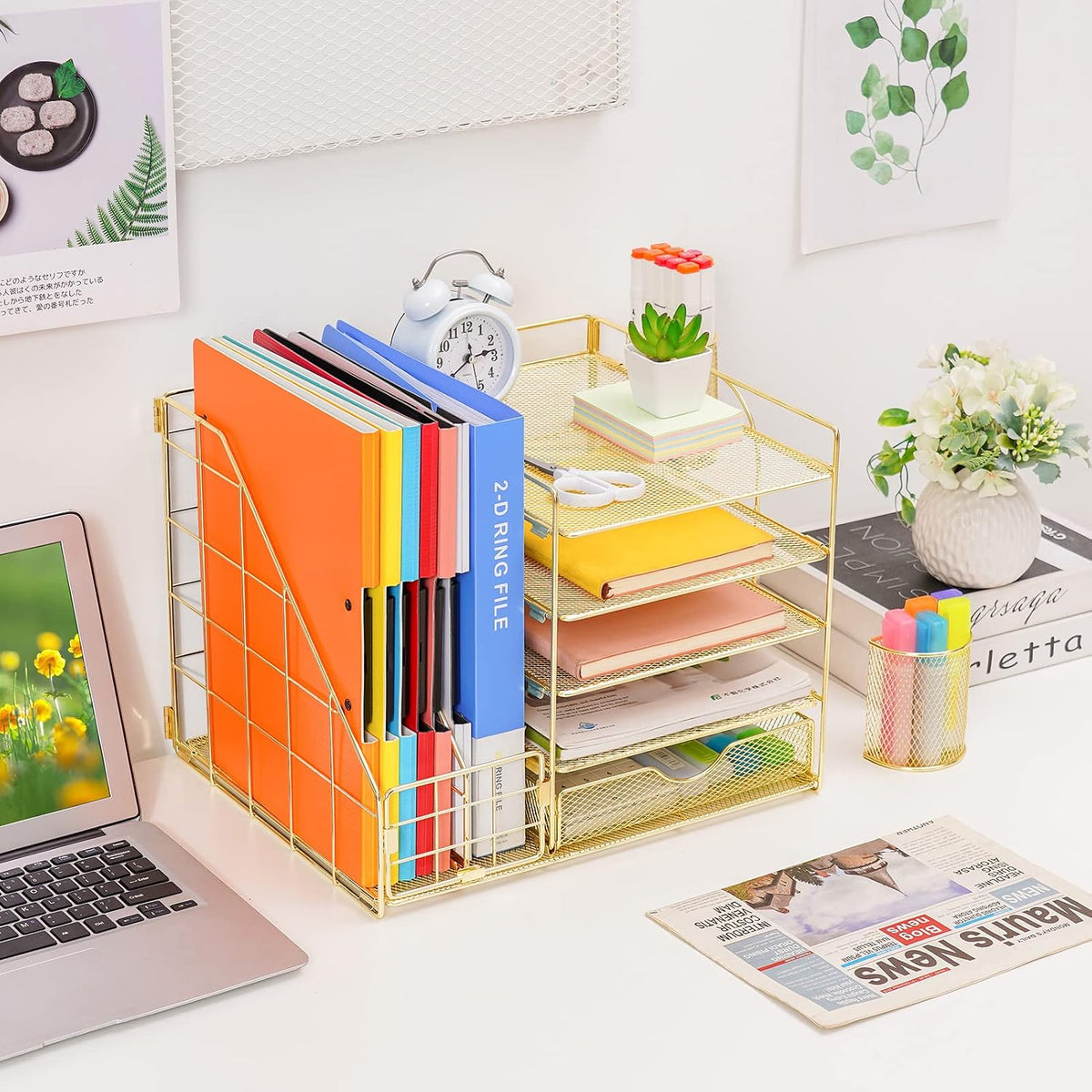 Marbrasse Desk Organizer with File Holder, 5-Tier Paper Letter Tray Organizer with Drawer and 2 Pen Holder, Mesh