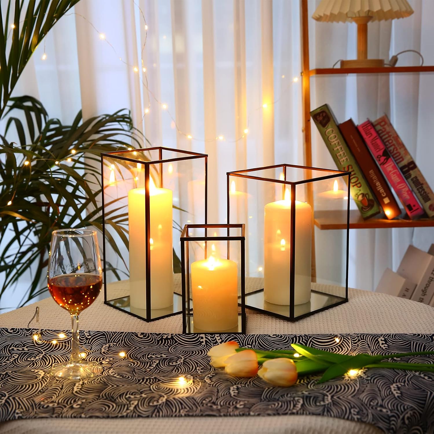Phosphor Large Glass Hurricane Candle Holder Set of 3 PCS Black Glass Candle Holder for Thankgiving Wedding Party