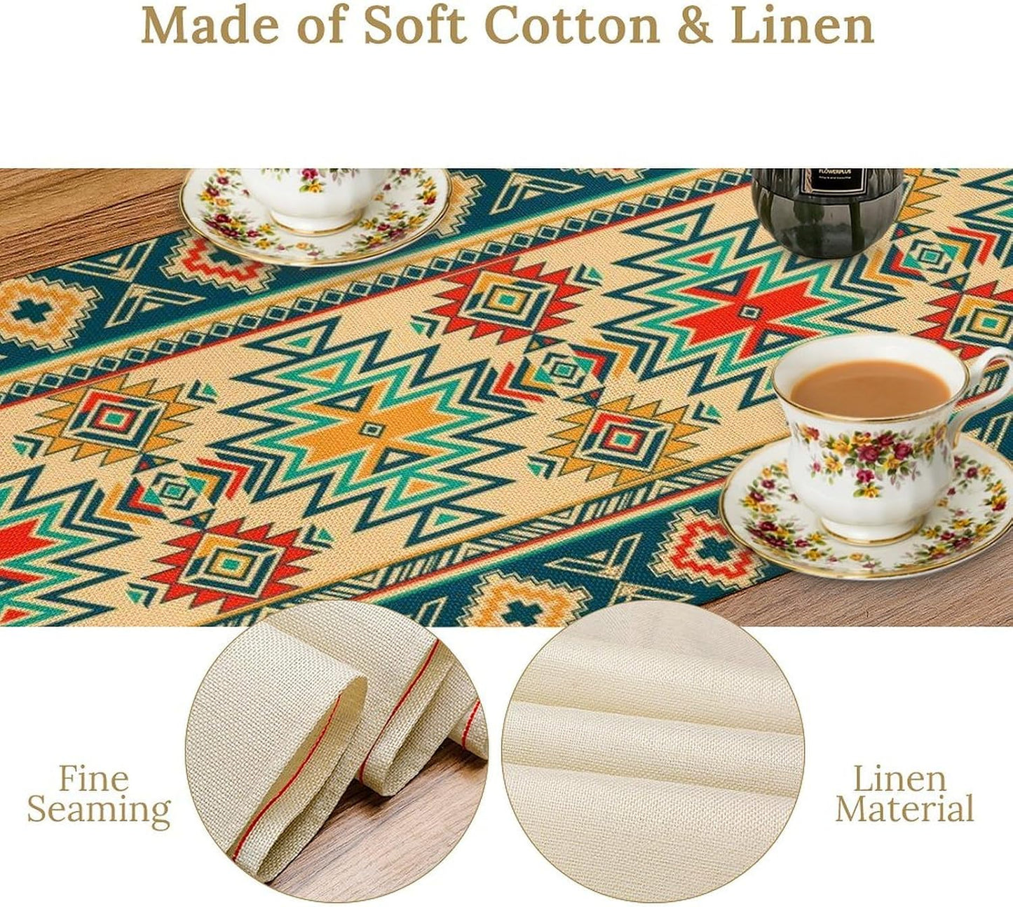 Aztec Southwest Table Runner,Ethnic Style Design Boho Geometric Pattern Printed Linen Table Runner for Home Kitchen