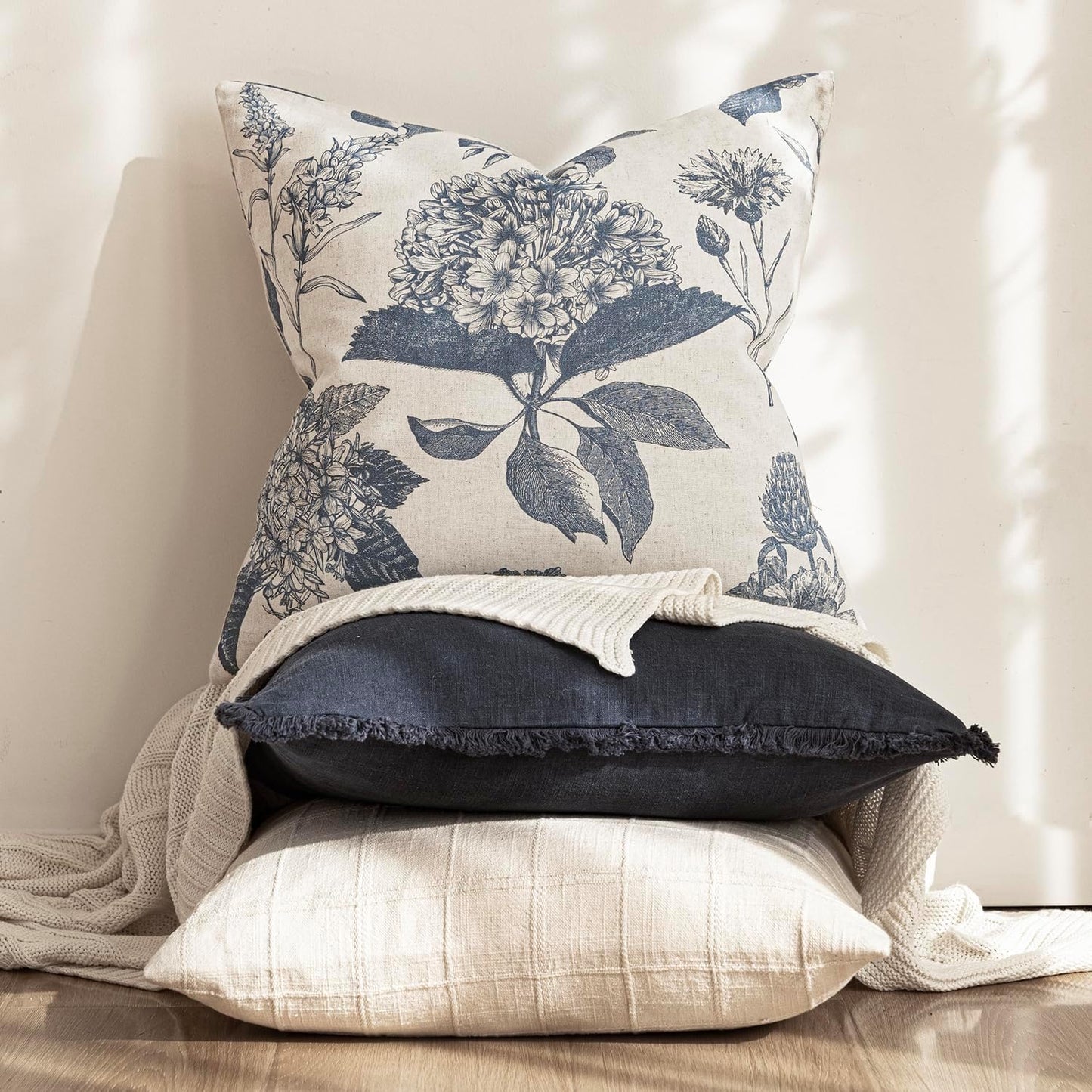 Linen Floral Vintage Throw Pillow Covers Neutral Accent Print / 18 x 18 / Aegean Blue / Set of 2