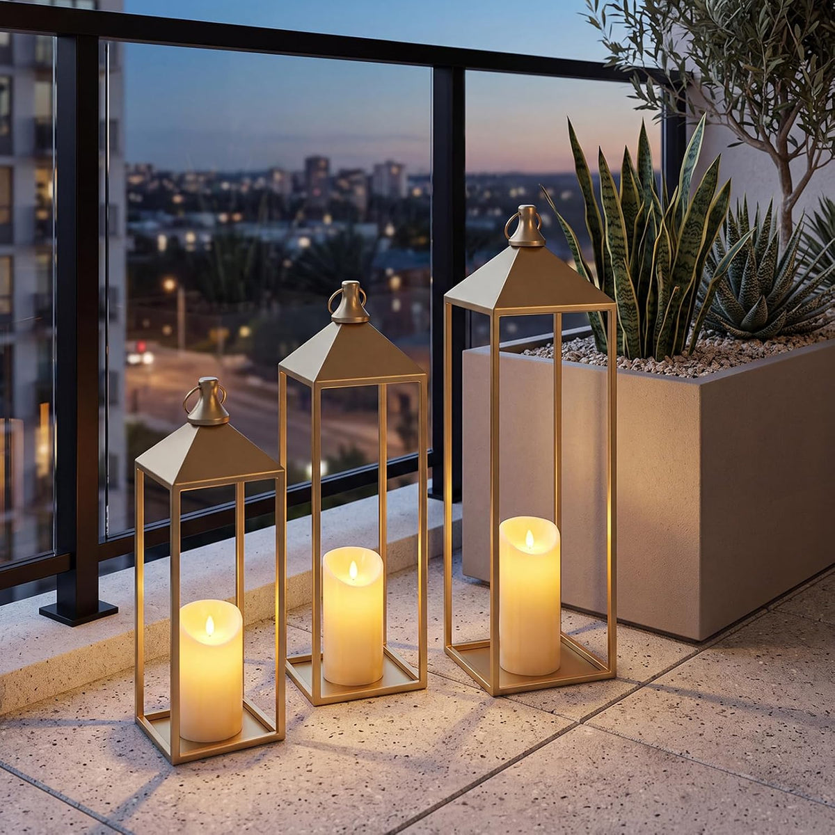 3 Pcs Large Gold Decorative Lanterns with Candles, Metal Candle Lantern | 22" 19" 17" Lanterns Decorative Outdoor