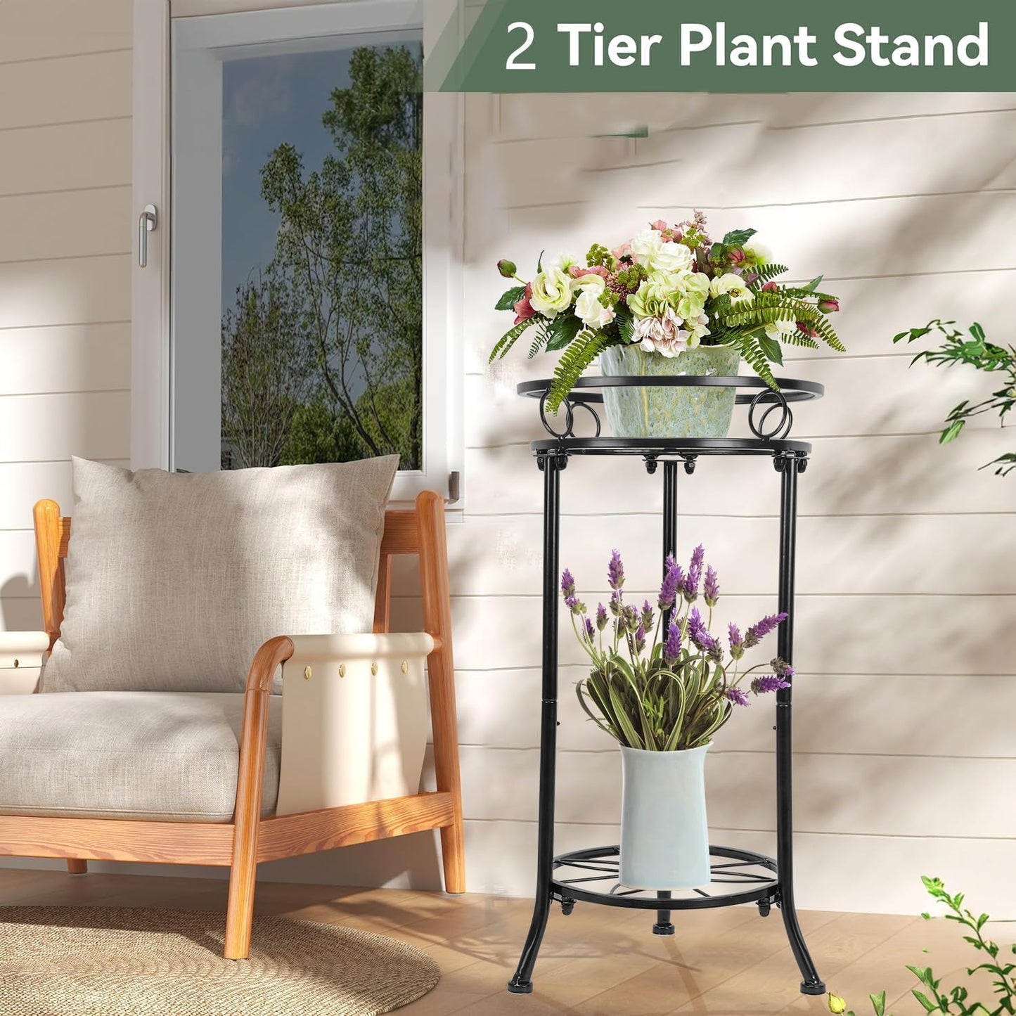 2 Pack 2 Tier Plant Stands for Indoor Outdoor Plants, 20.3" Tall Metal Plant Stand with Flower Pot Holder, Corner Plant