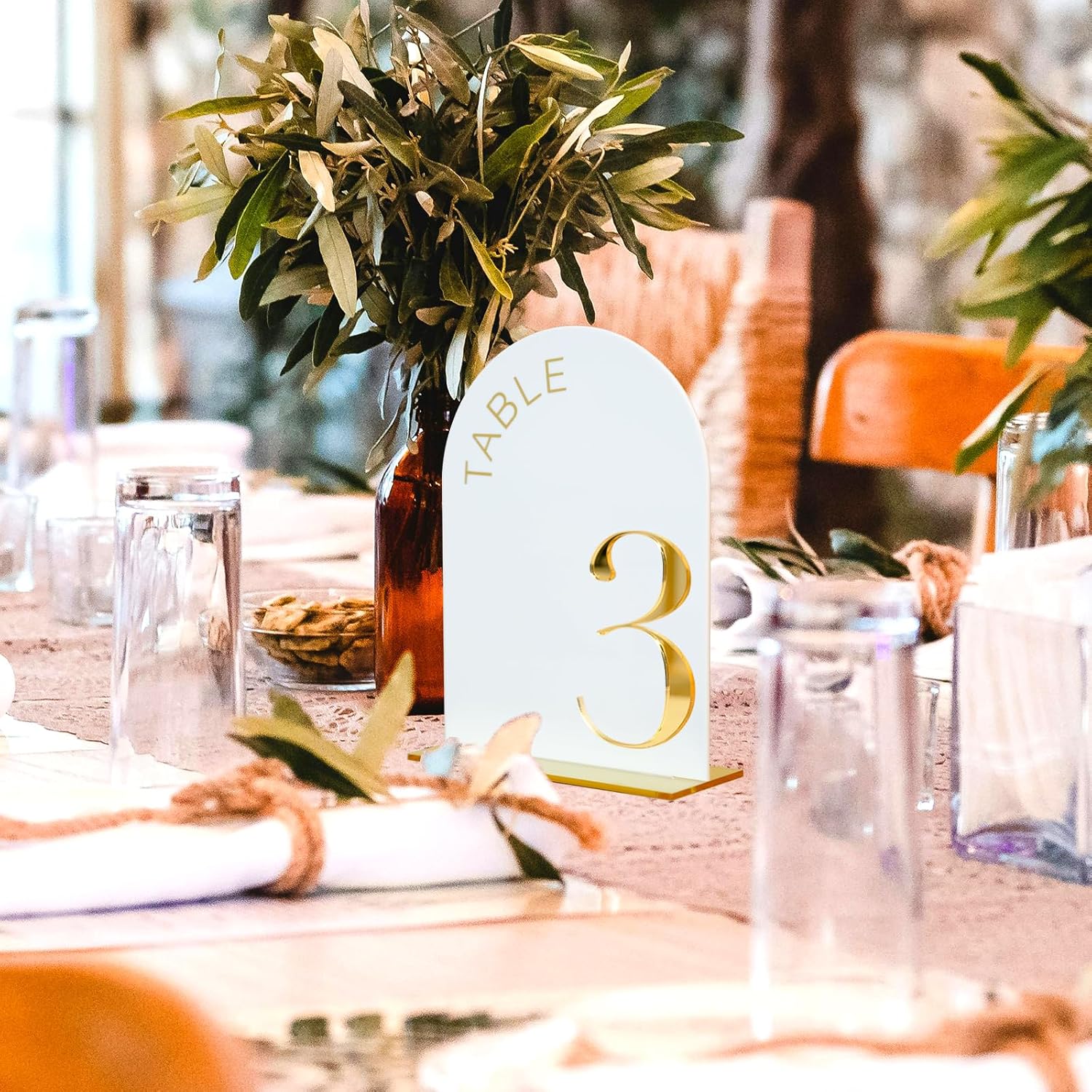 White Arch Wedding Table Numbers 1-15, Gold Numbers and Stands | 15 Pack 5x7 Inch White Arch Acrylic Sign with Raised