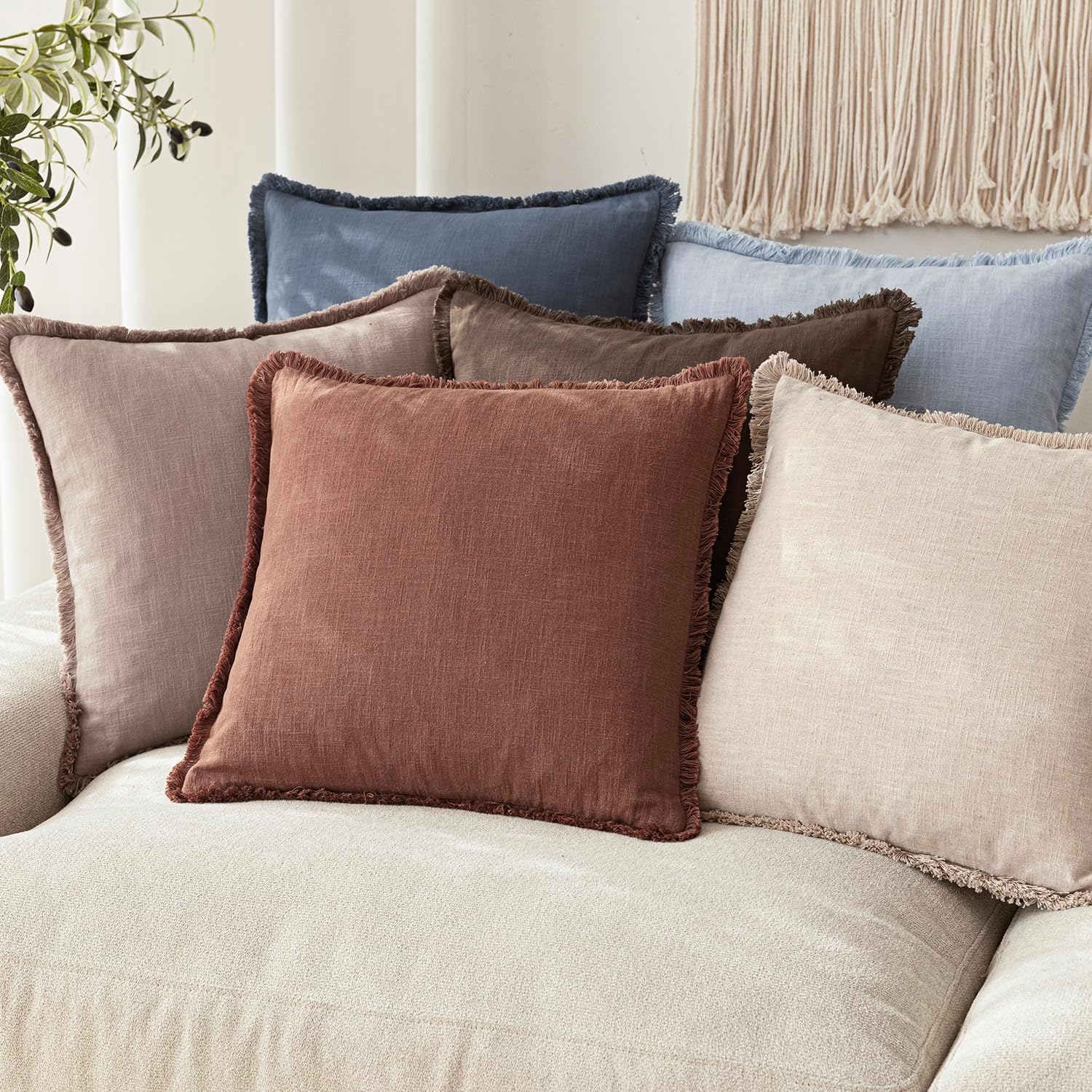 Decorative Linen Fringe Throw Pillow Covers Boho Farmhouse / 18 x 18 / Autumn Glaze / Set of 2