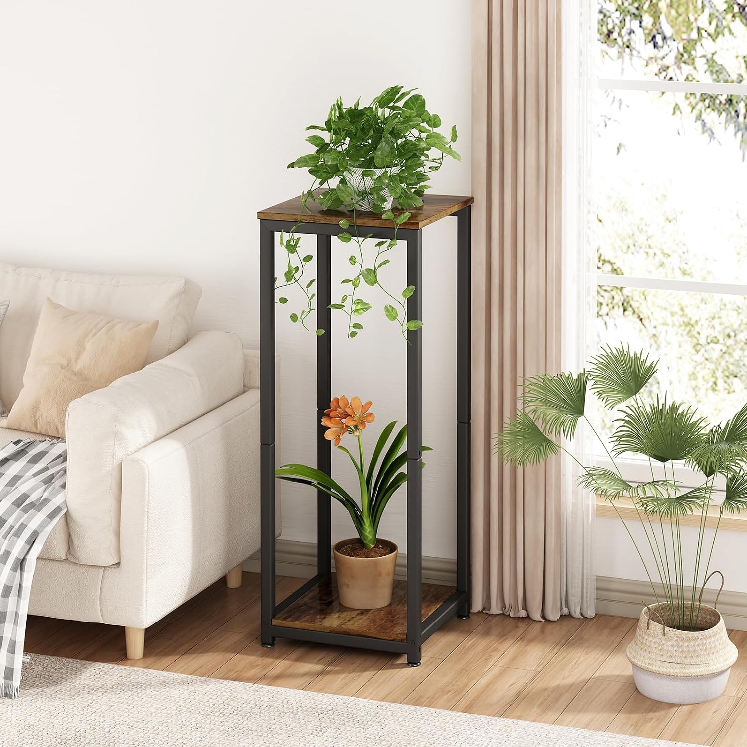 2 Tier Plant Stand Indoor Corner Tall Square Shape Plant Shelf | Modern Metal MDF board Flower Storage,Suitable tight