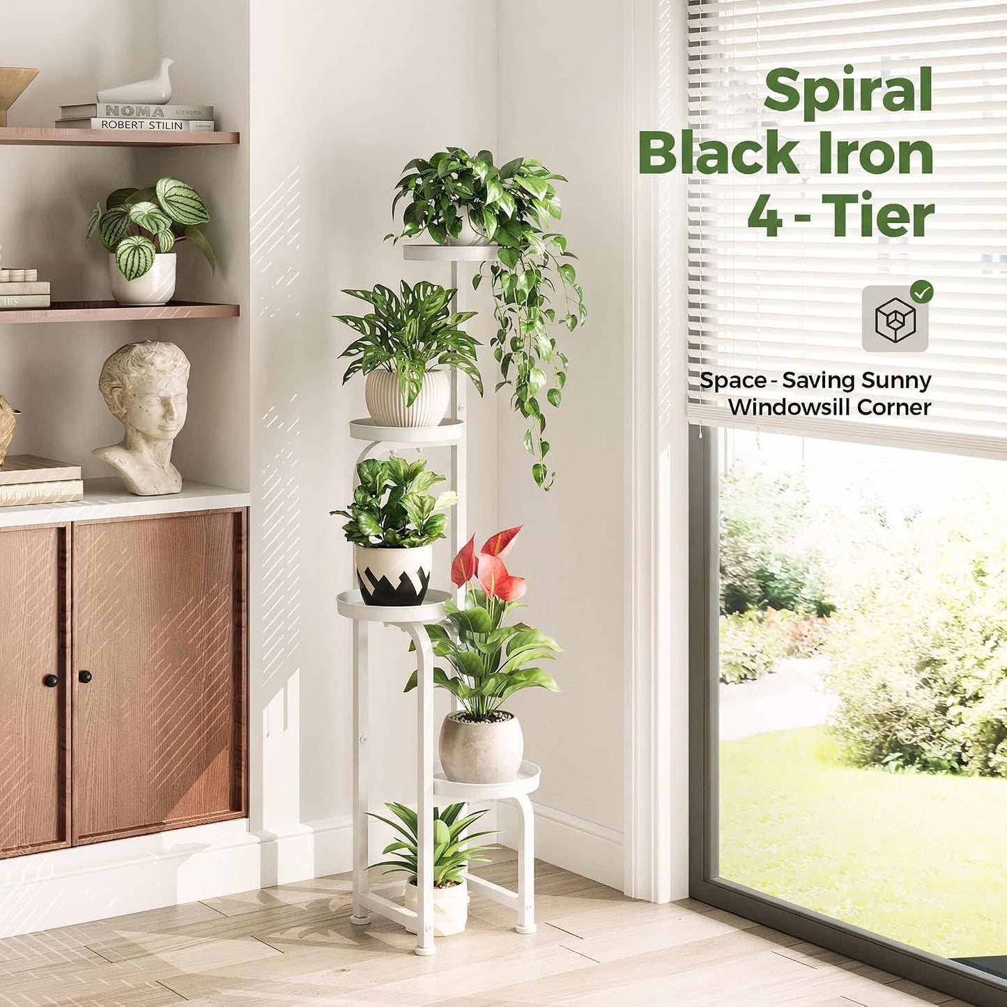 Bamworld Corner Plant Stand Indoor Outdoor Tall Metal Flower Pot Stands | 4 Tier White Heavy Duty Plant Shelf for
