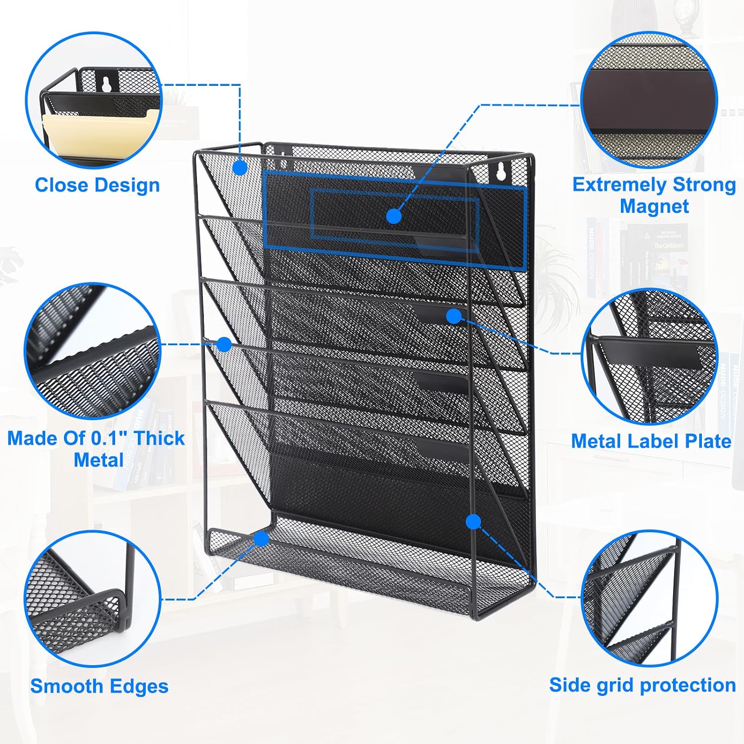 Magnetic File Organizer Mesh 6-Tier, Hanging Wall Mount File Organizer Vertical Holder Rack for Office Home, Black