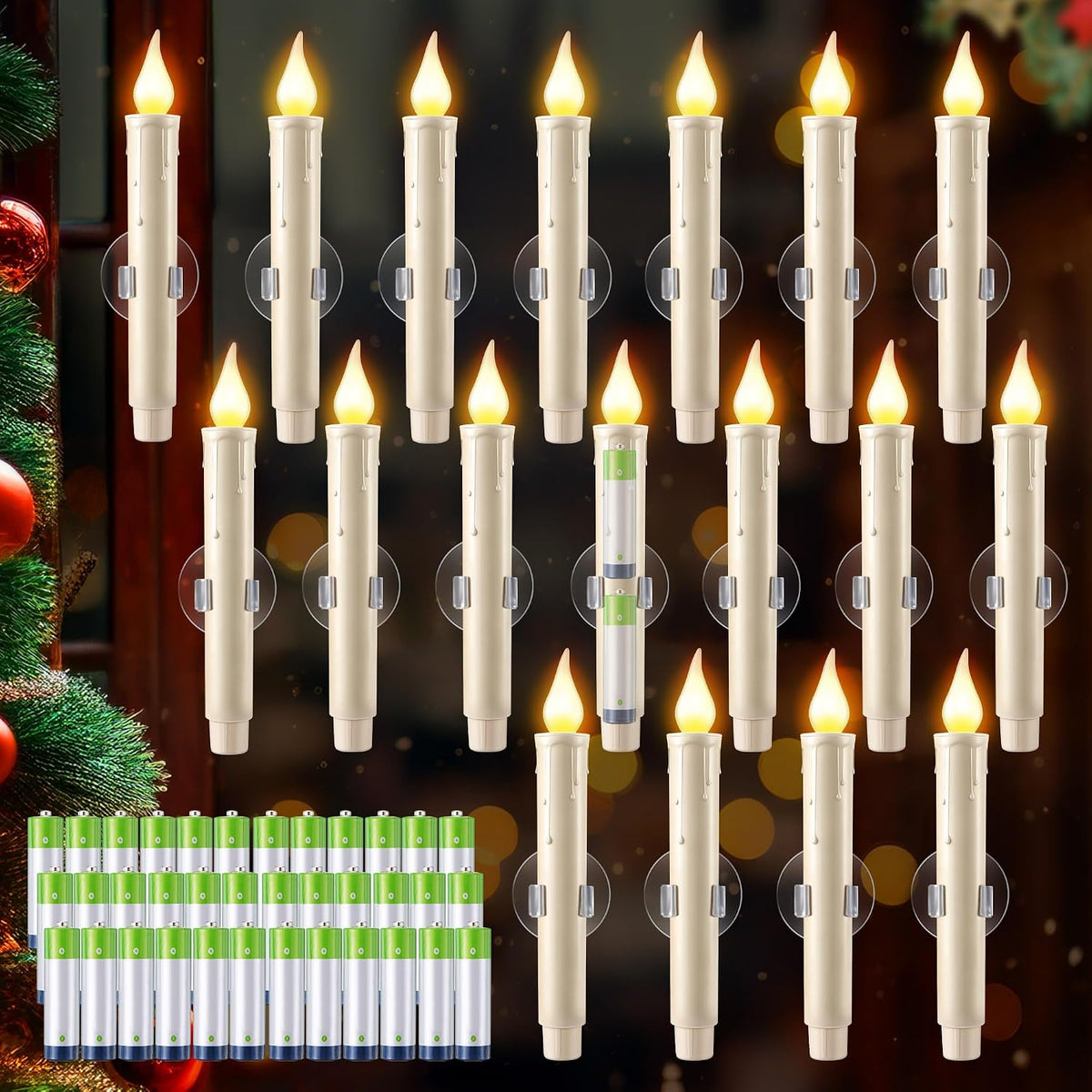 Enhon 18Pcs Dusk to Dawn Christmas Window Candles with Battery, Suction Cup