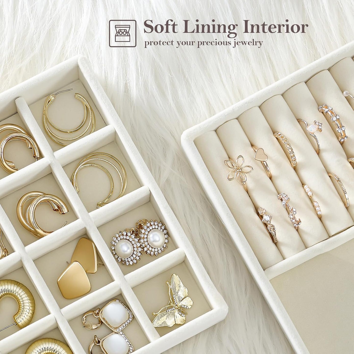 Stackable Jewelry Organizer Trays for Drawers / 4 Layers / Beige
