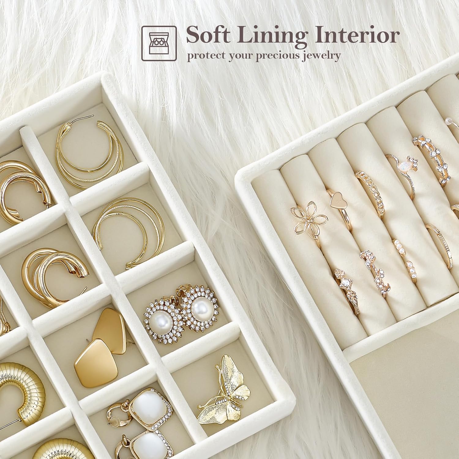Stackable Jewelry Organizer Trays for Drawers / 4 Layers / Beige