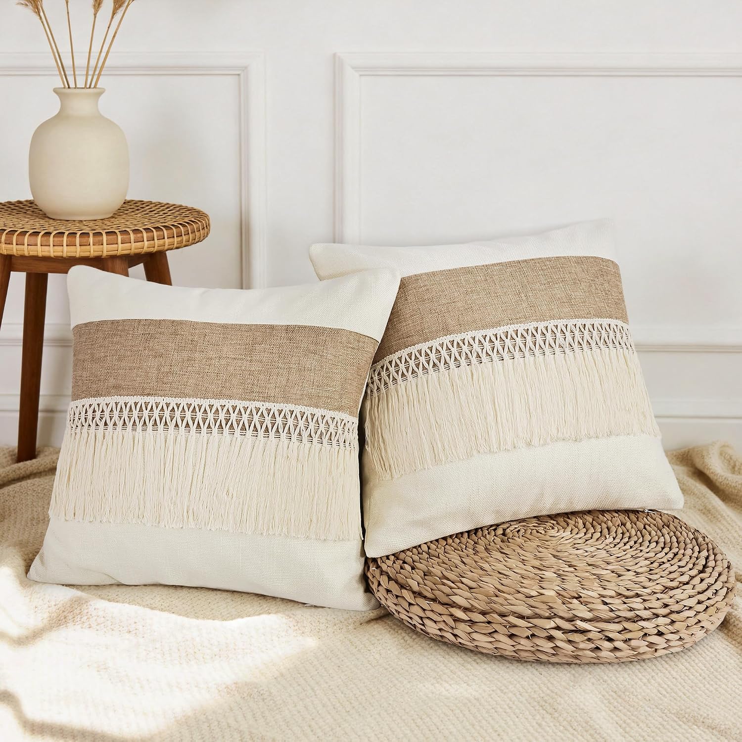 Boho Patchwork Linen Throw Pillow Covers / Boho Long Fringe-beige / 18 x 18 / Set of 2