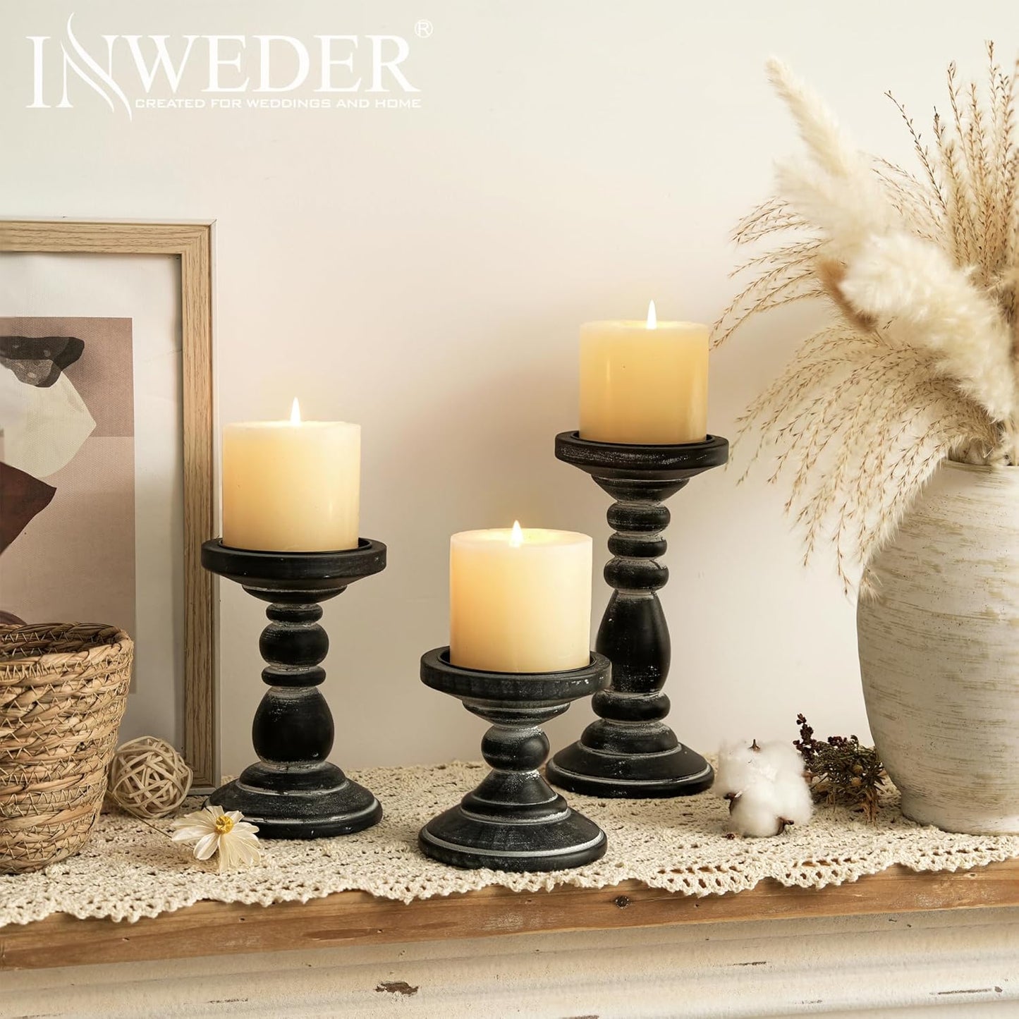 Wood Pillar Candle Holder: Rustic Distressed Black Candle Stand | Solid Pine Wooden Decor, for 3.15" Pillar, Farmhouse