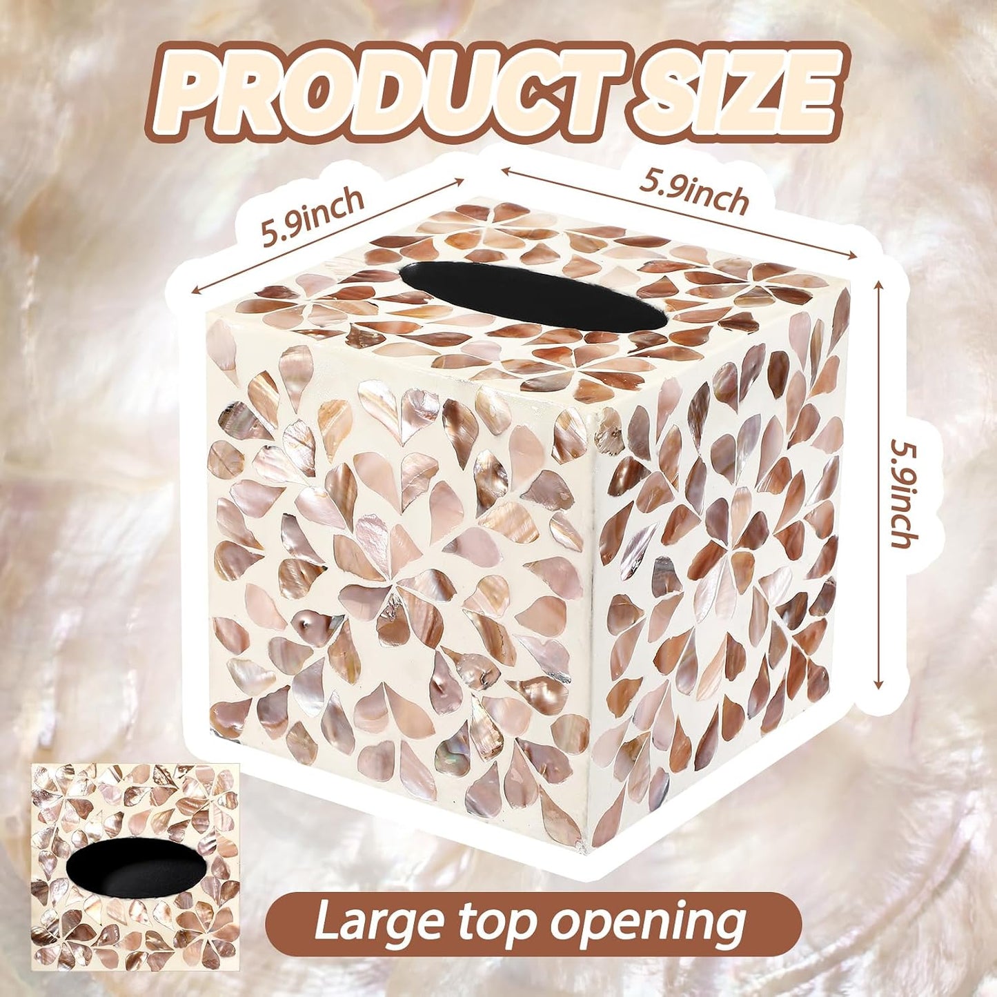 Cube Mother of Pearl Tissue Box Cover Ceramic Decorative Tissue Box Holder / Brown Floral / 5.9 Inch