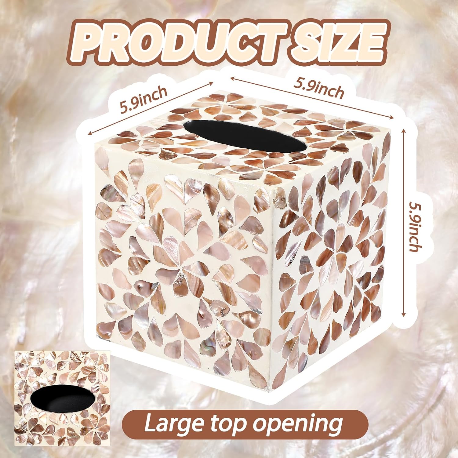Cube Mother of Pearl Tissue Box Cover Ceramic Decorative Tissue Box Holder / Brown Floral / 5.9 Inch