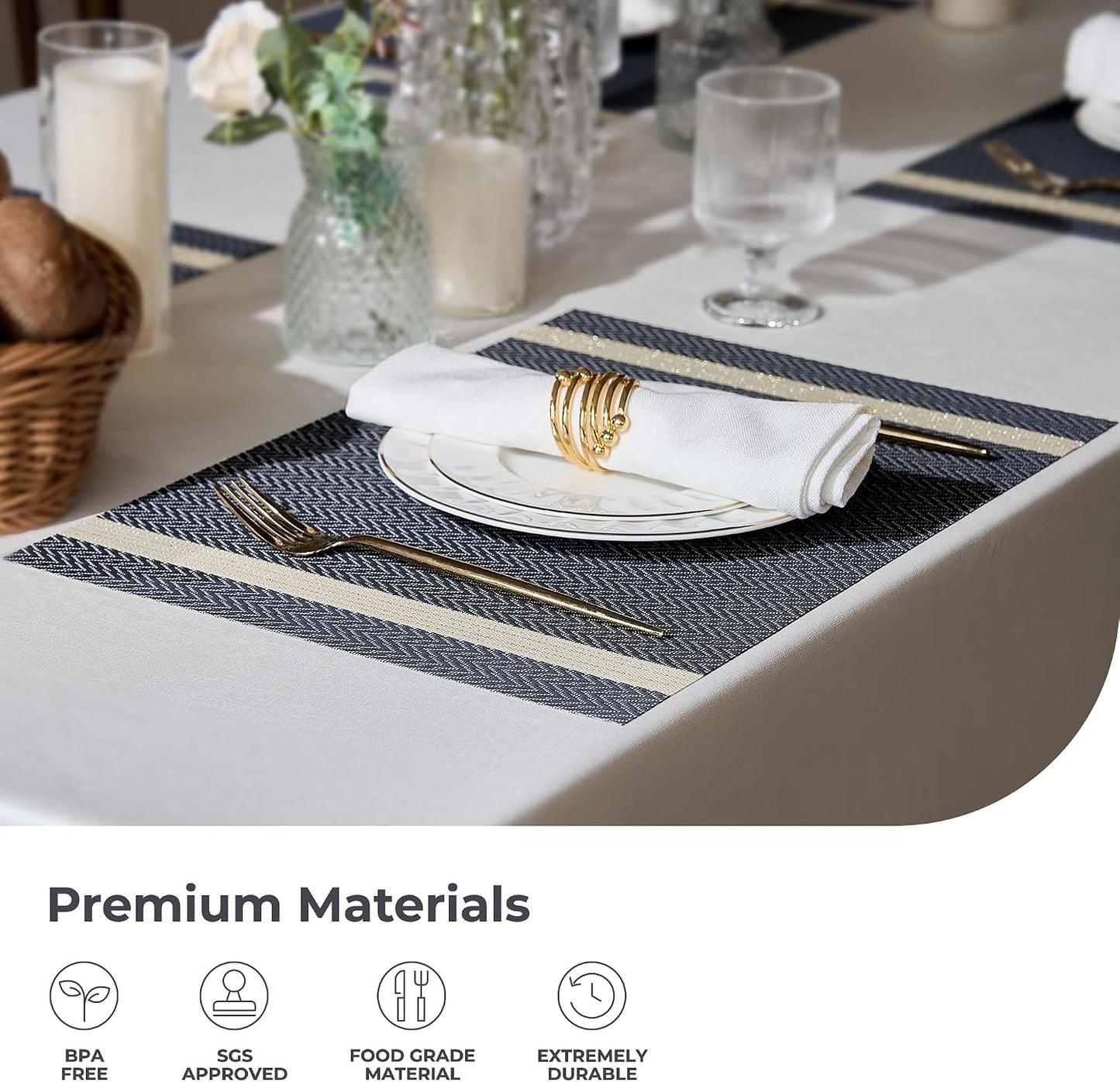 Dark Blue Vinyl Woven Placemats / 01- Blue with Stripes / Set of 8